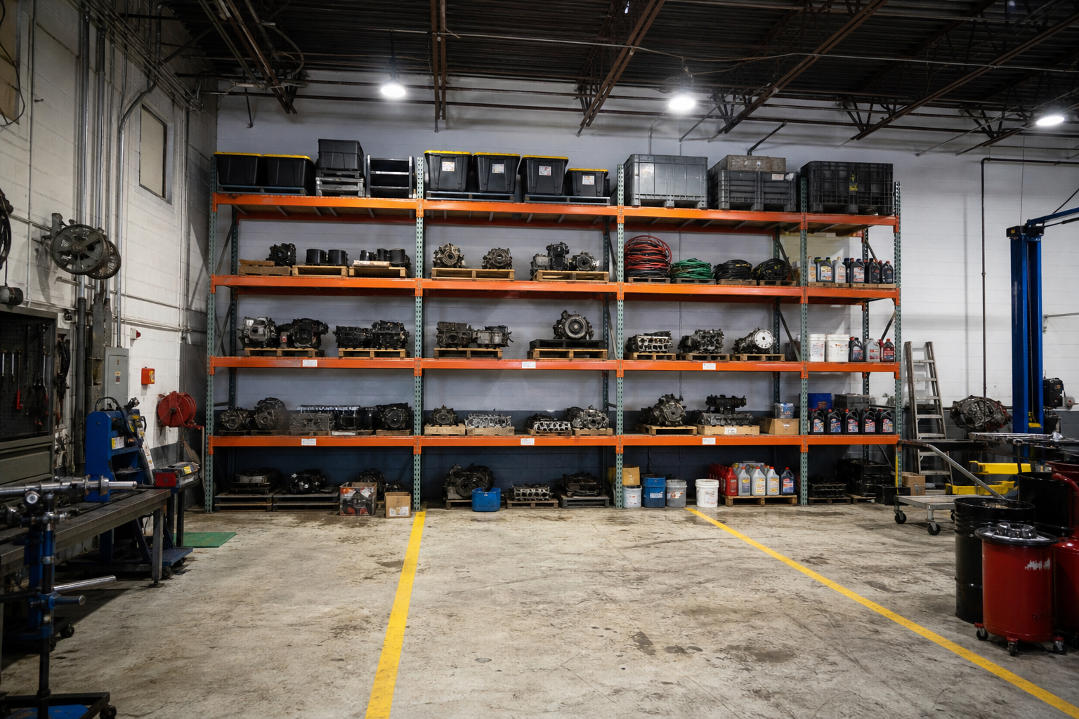 Industrial orange and gray pallet rack system in garage workshop holding engine parts and bulk supplies