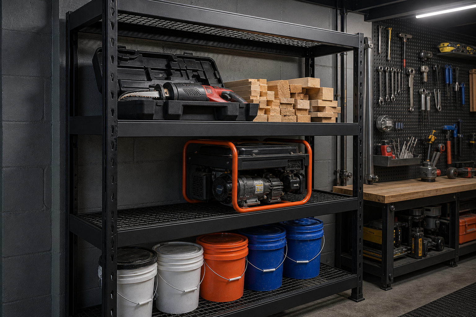 Matte black welded steel heavy-duty garage shelving unit with mesh decking holding a generator and lumber