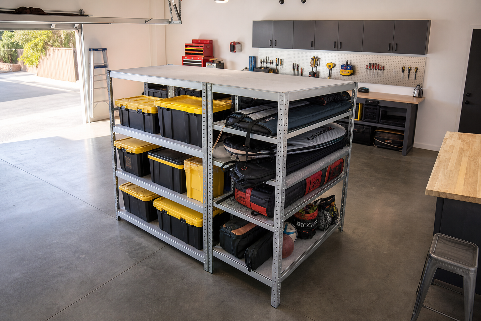Double-sided industrial zinc steel garage shelving island with contractor bins and sports equipment