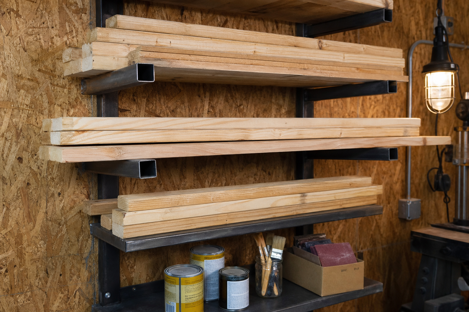 Heavy-duty cantilever wall rack with steel arms holding dimensional lumber in a garage workshop
