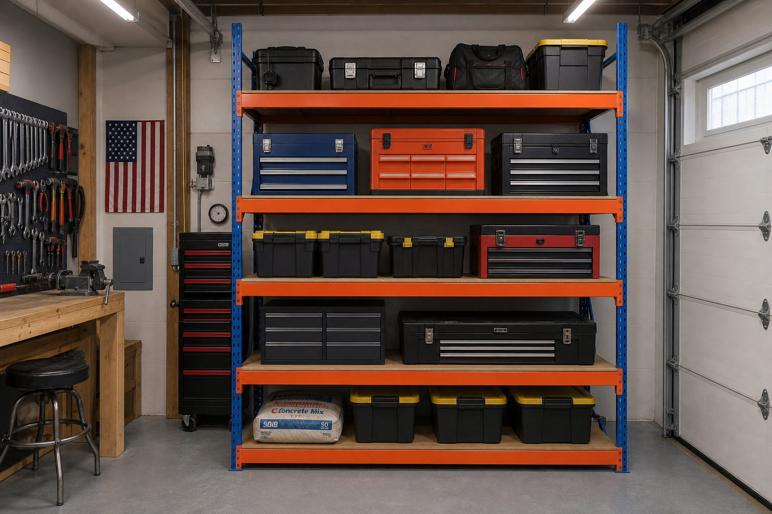 Blue and orange industrial rivet shelving unit in garage holding steel tool chests and heavy materials