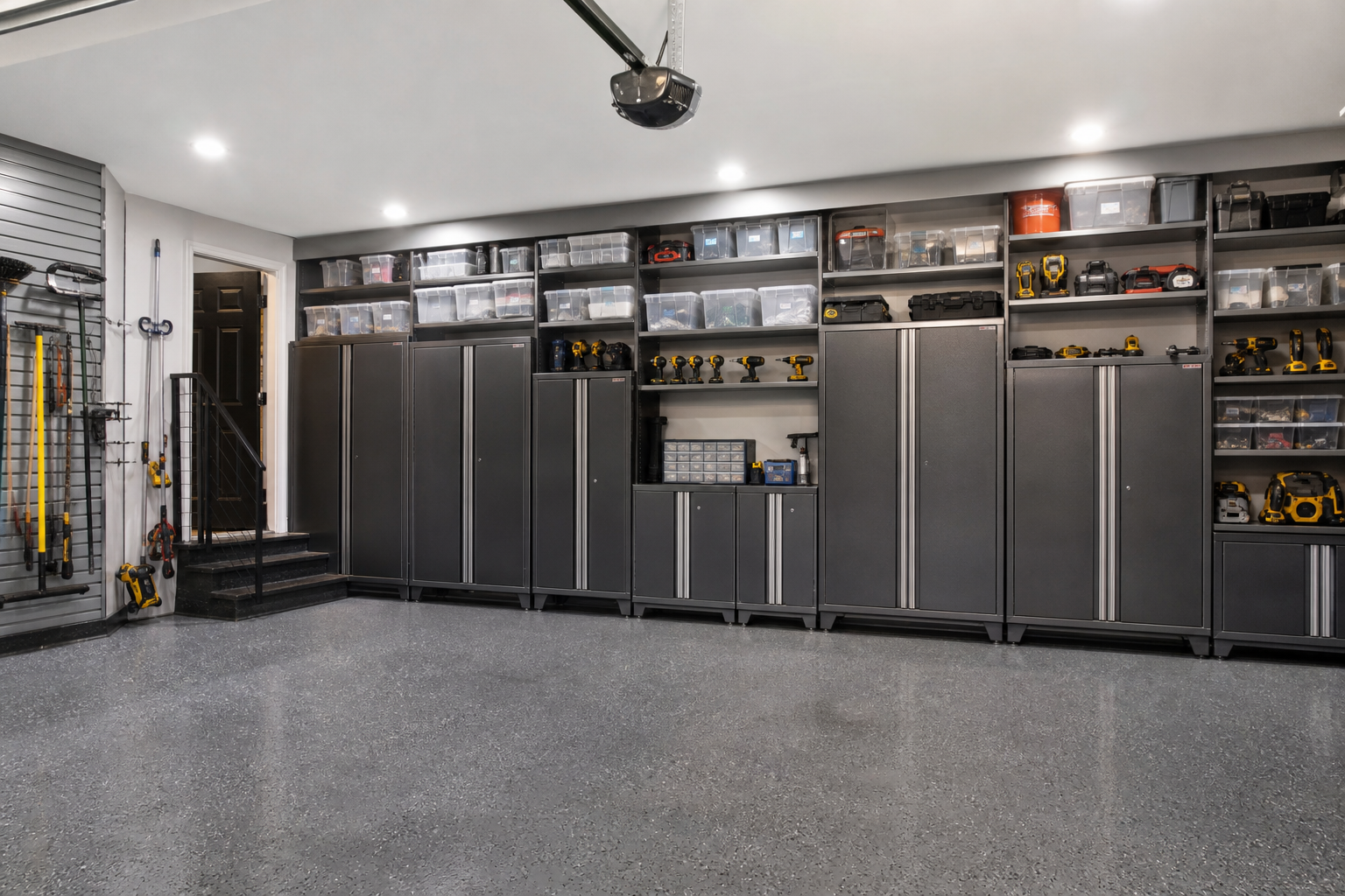 Gladiator-style charcoal gray modular garage cabinets with adjustable open shelving above on epoxy floor