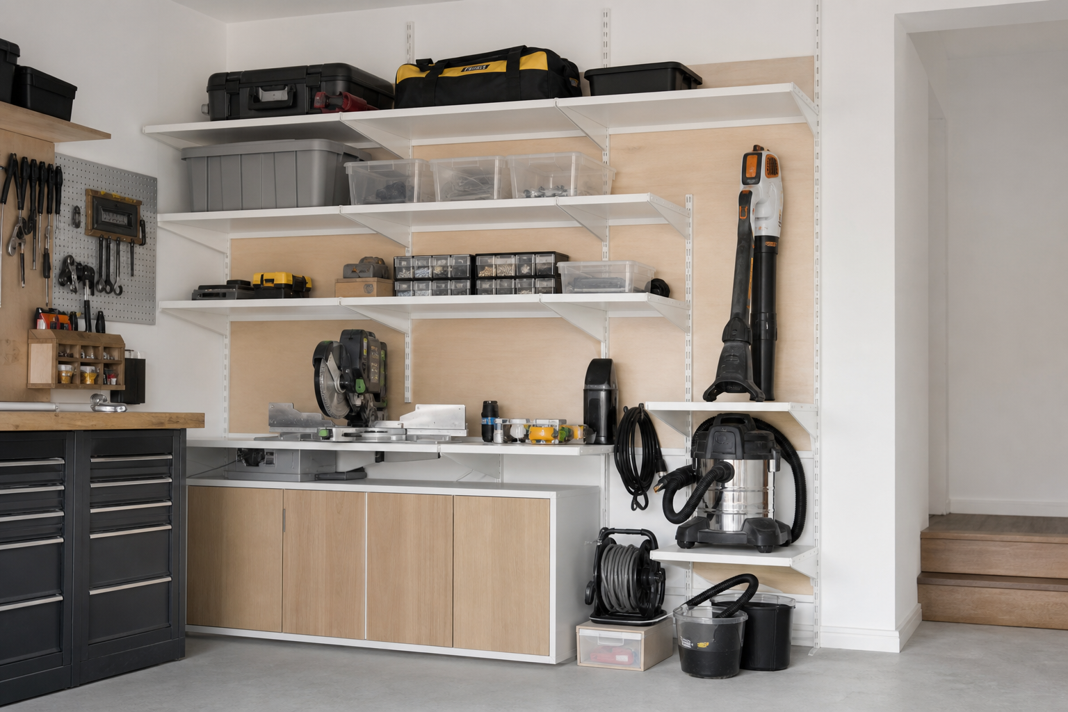White modular adjustable garage shelving system with varied shelf heights holding tools and small bins