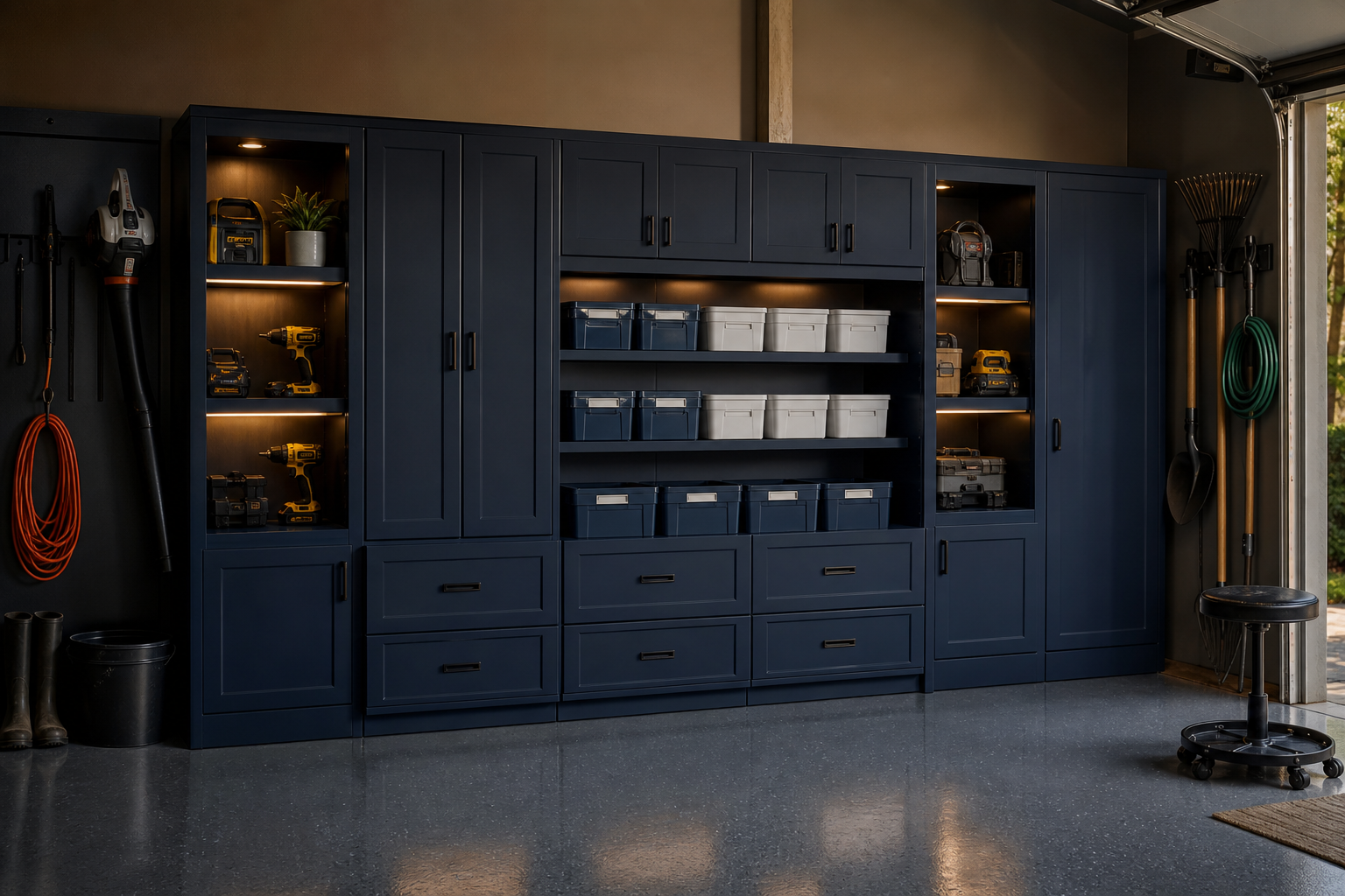 Navy blue modular garage shelving and cabinet wall system with integrated hooks and labeled storage bins