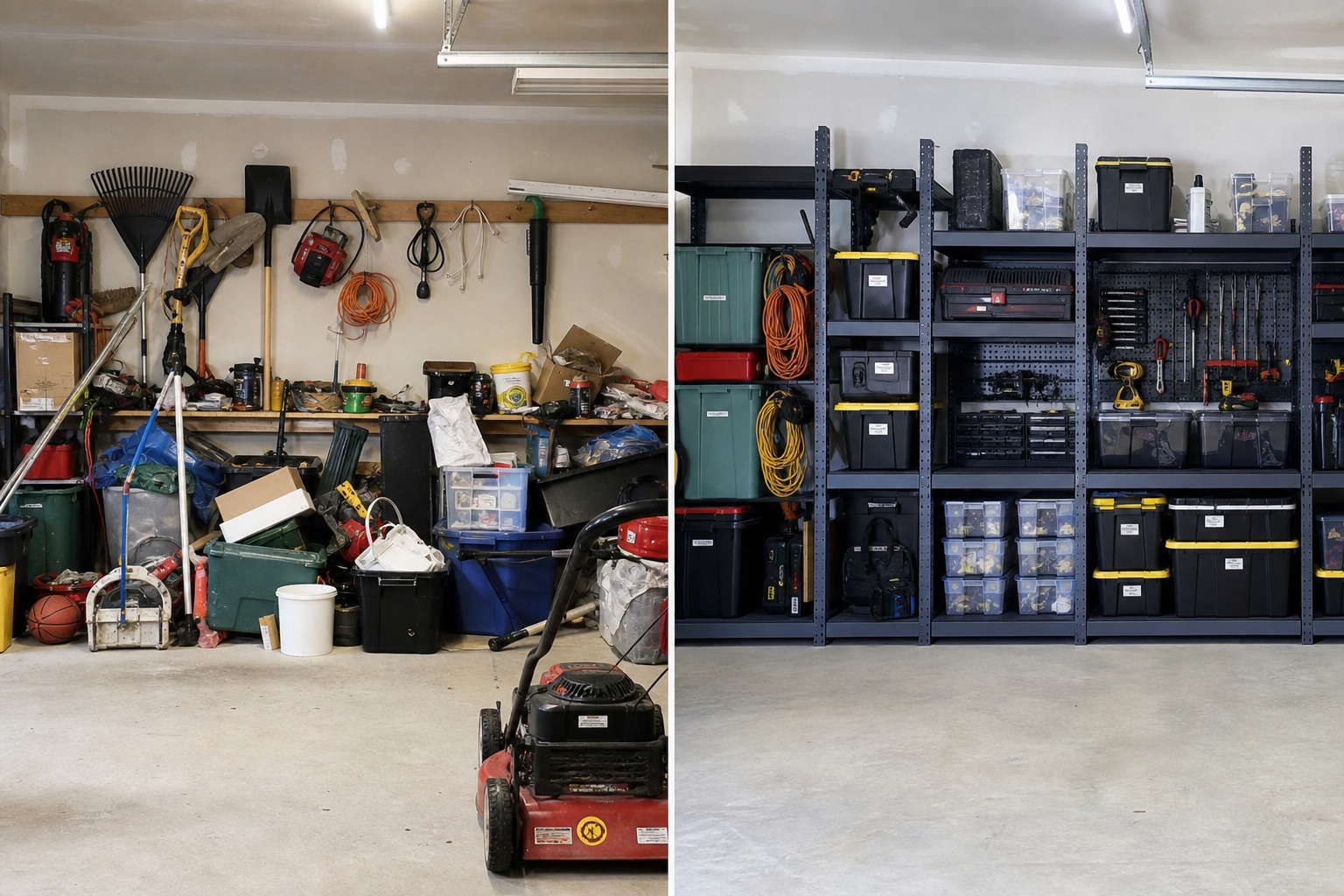 Before and after comparison of garage wall with modular adjustable shelving system installed on right side