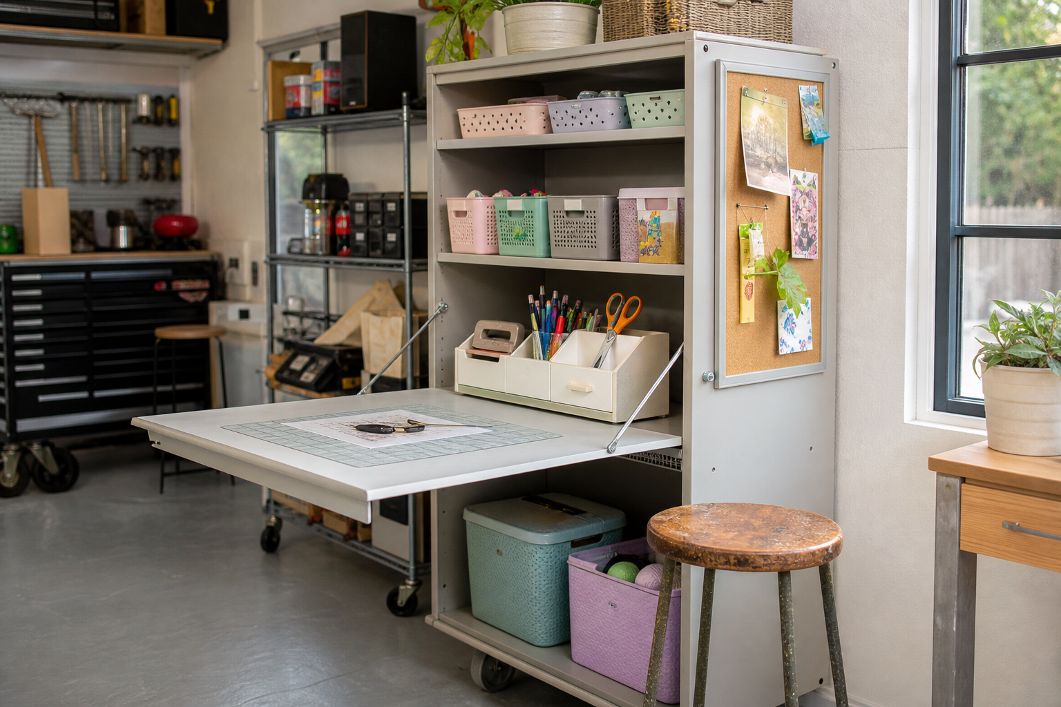 Light gray modular garage shelving tower with fold-down work surface and pastel craft supply bins