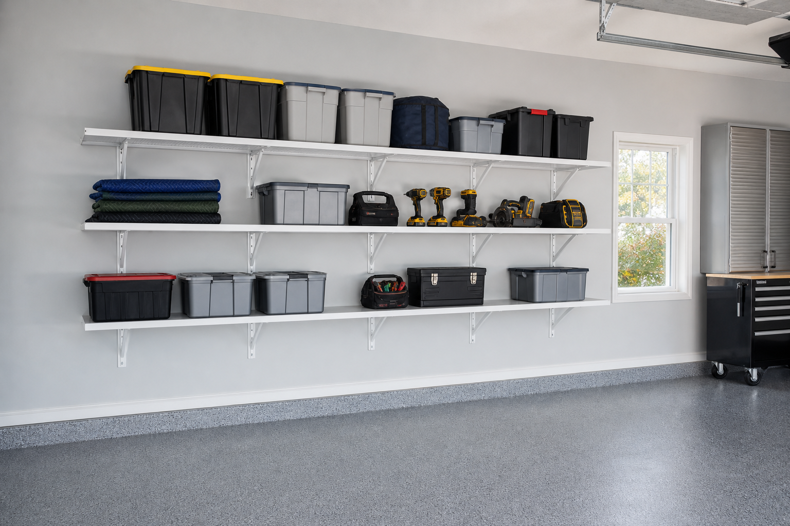 White powder-coated steel wall-mounted garage shelves holding organized storage bins and tools