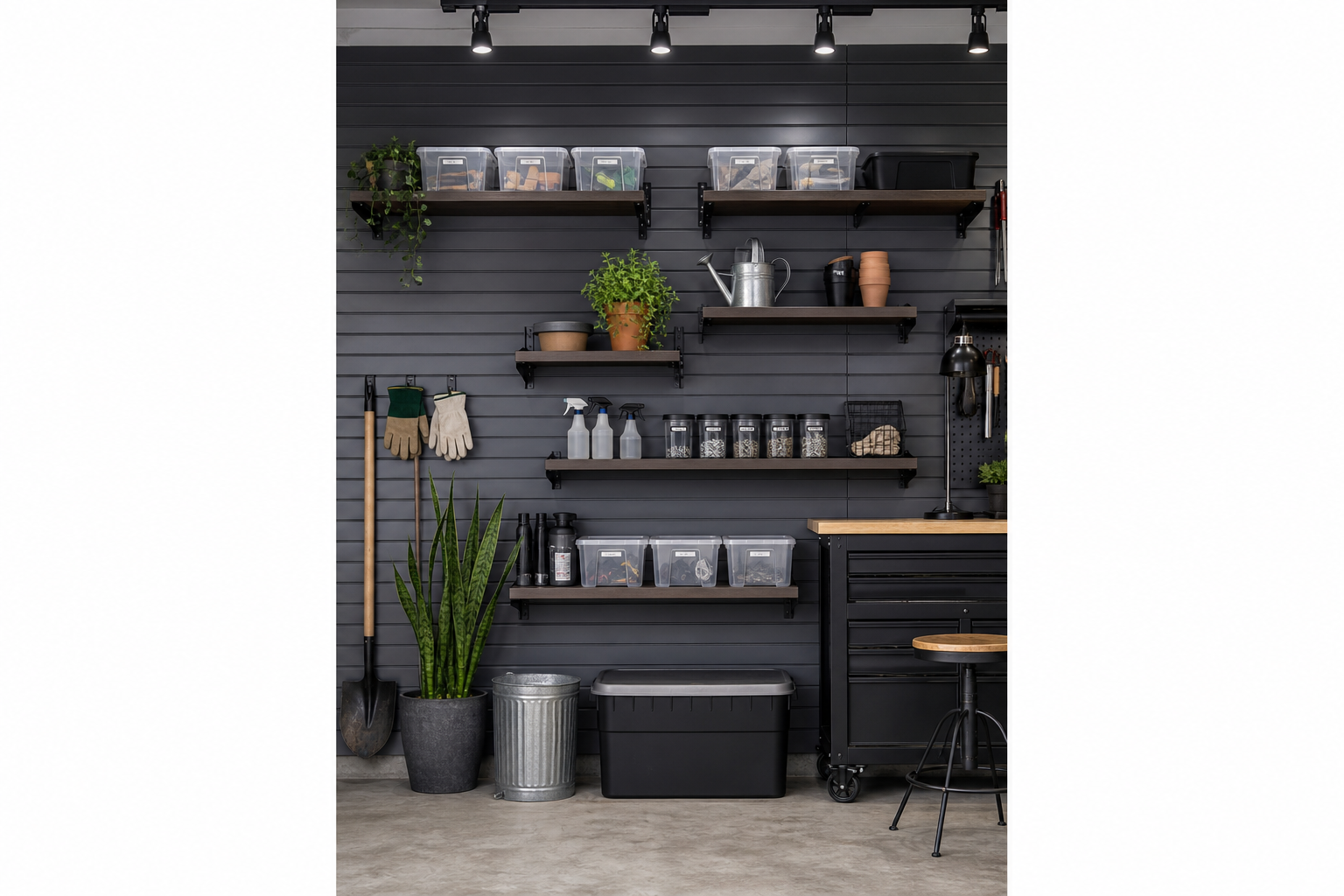 Dark charcoal slatwall panels with matte black brackets and wood-grain laminate shelves in garage