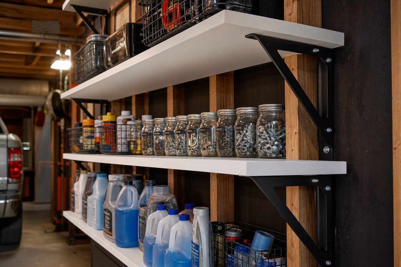 DIY plywood floating wall shelves with black steel angle brackets holding automotive supplies in garage