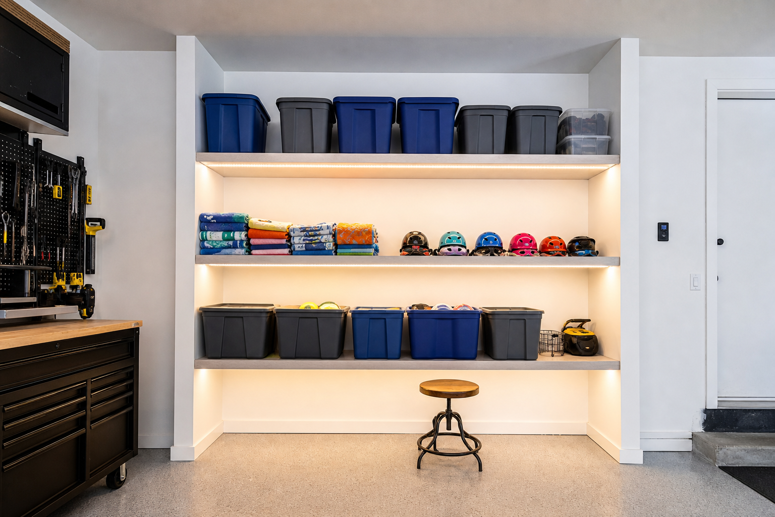 Built-in look white melamine wall shelving unit with LED strip lighting and labeled storage totes
