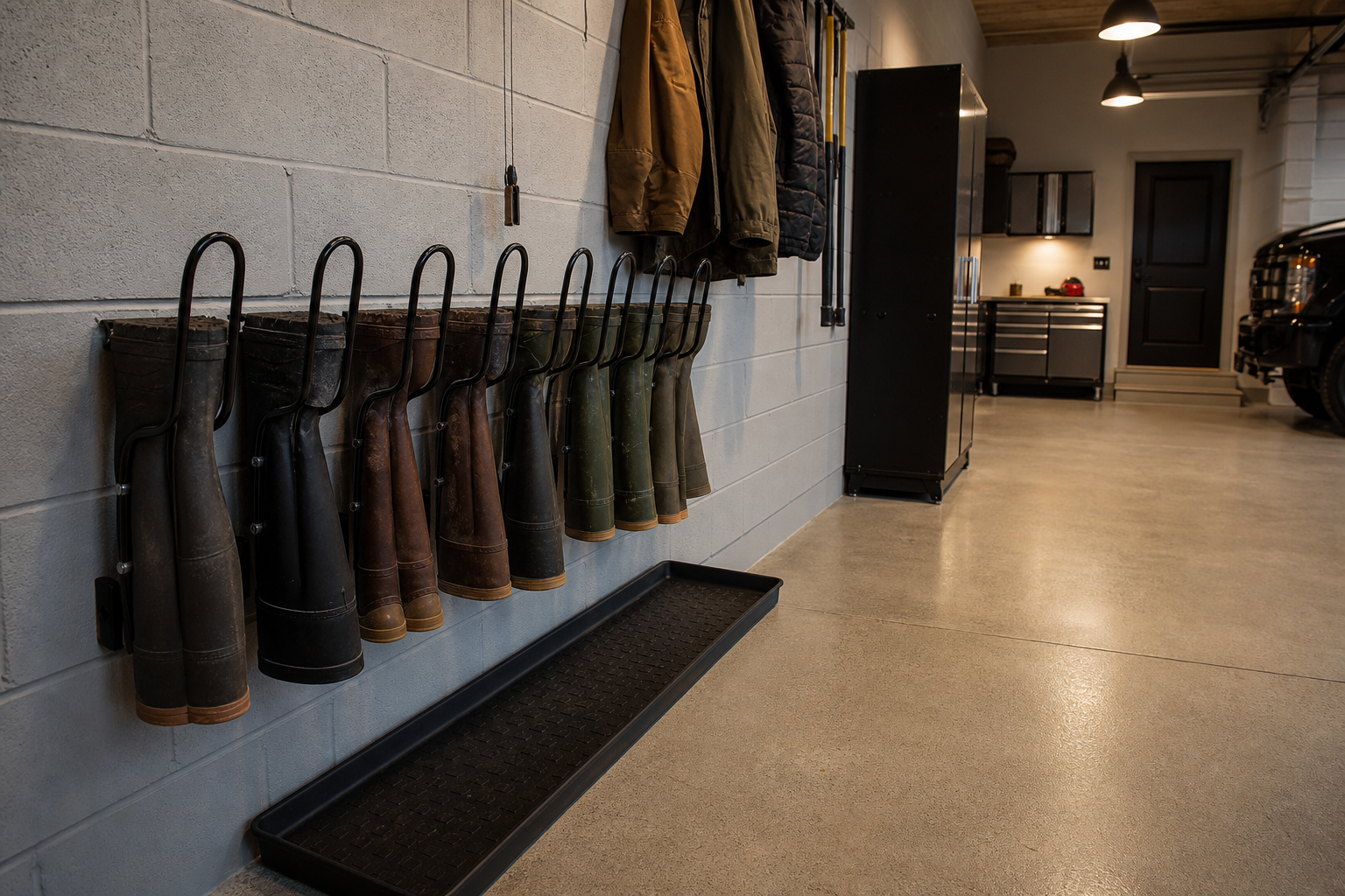 Black metal wall-mounted boot rack with rubber tray below in an industrial garage entry