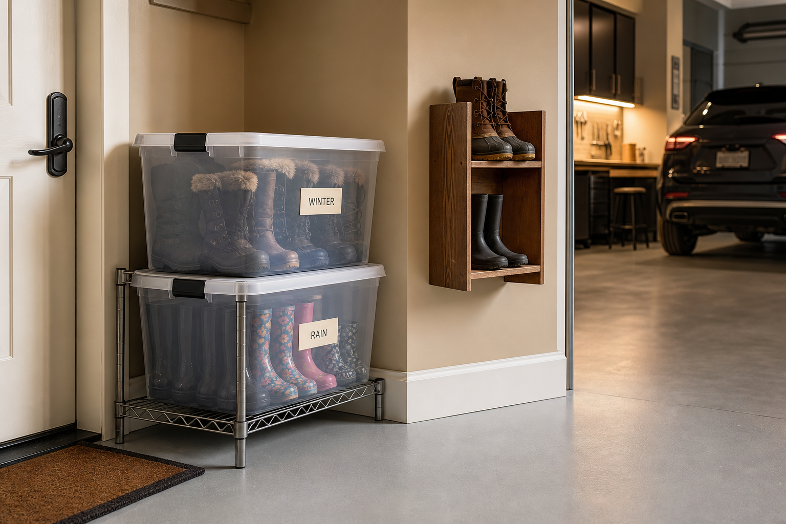 Clear lidded seasonal boot storage bins stacked on wire shelf next to a wall-mounted shoe rack