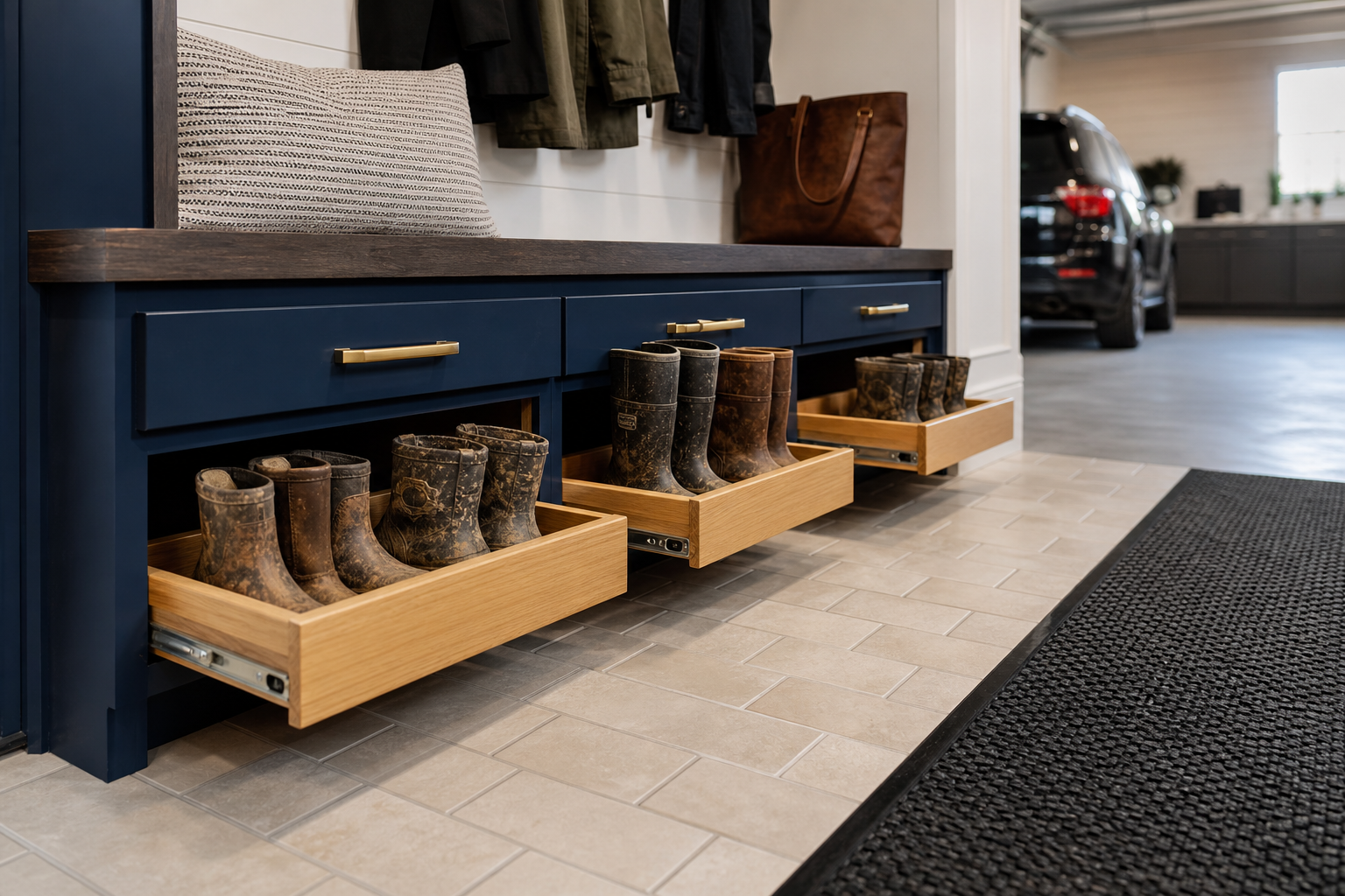 Navy blue pull-out boot tray cabinet with brass hardware in a polished garage entry area
