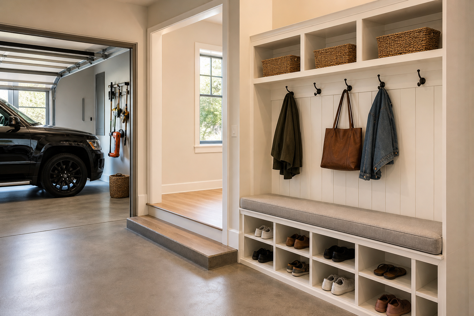 White built-in cubby bench with eight shoe cubbies and cushioned seat in a garage entry