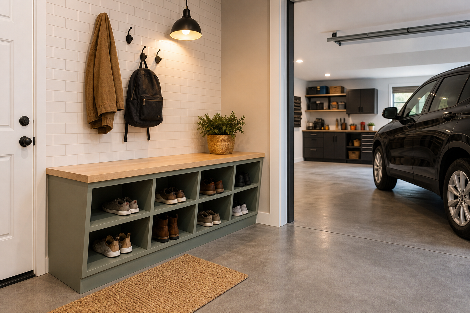 Sage green DIY plywood cubby bench with angled shoe cubbies in a bright garage entry