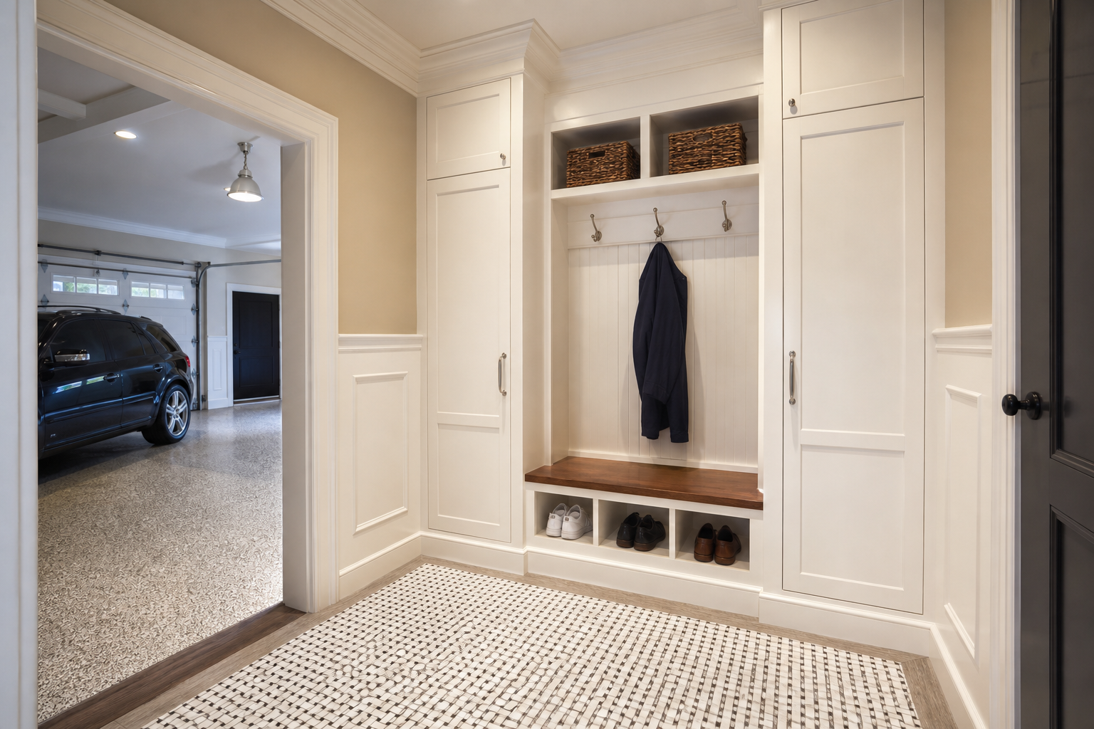 White shaker-style built-in cubby bench with flanking cabinets and basket weave tile in a garage mudroom