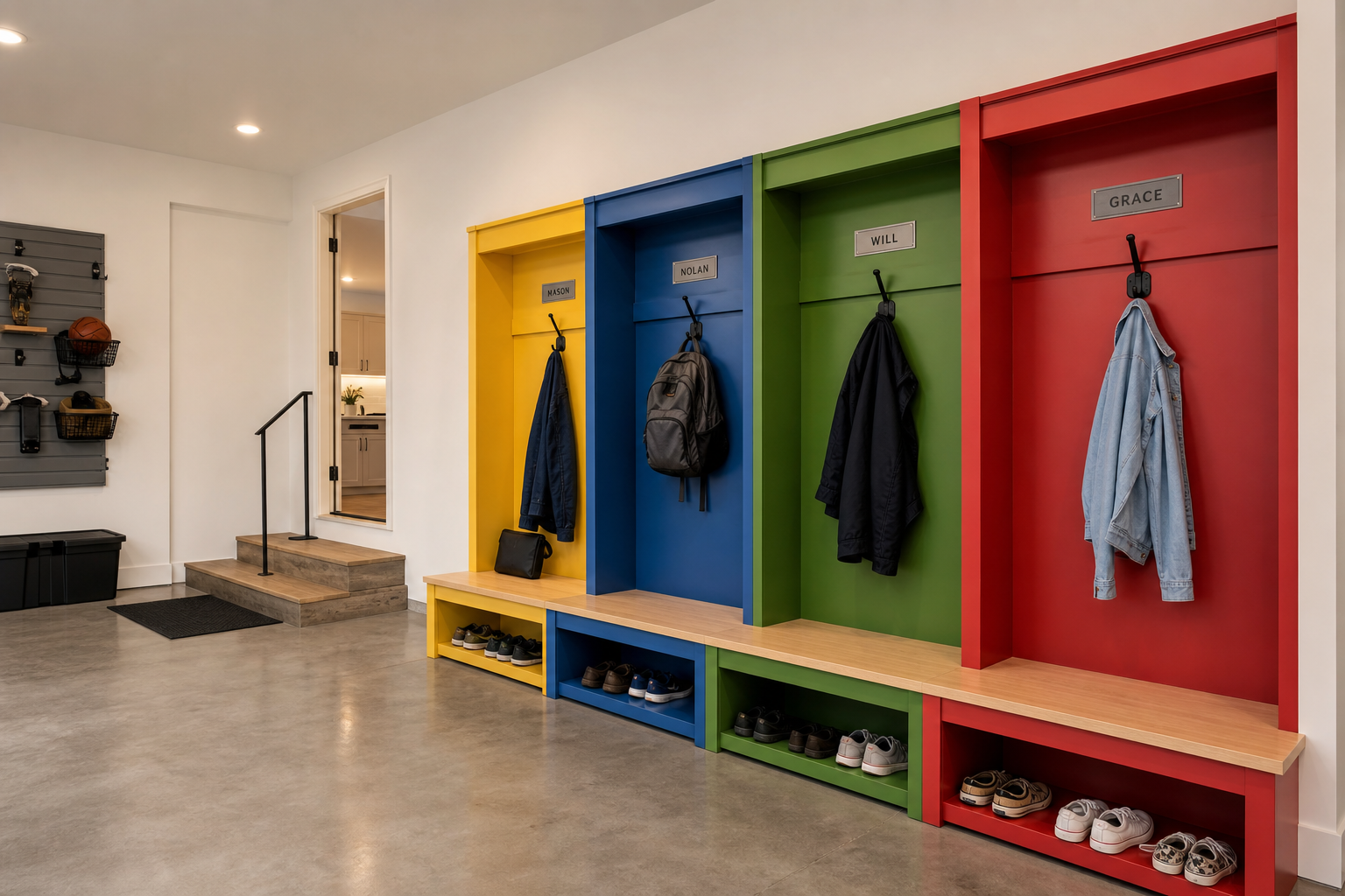 Color-coded four-section family garage entry zone with individual cubbies and coat hooks