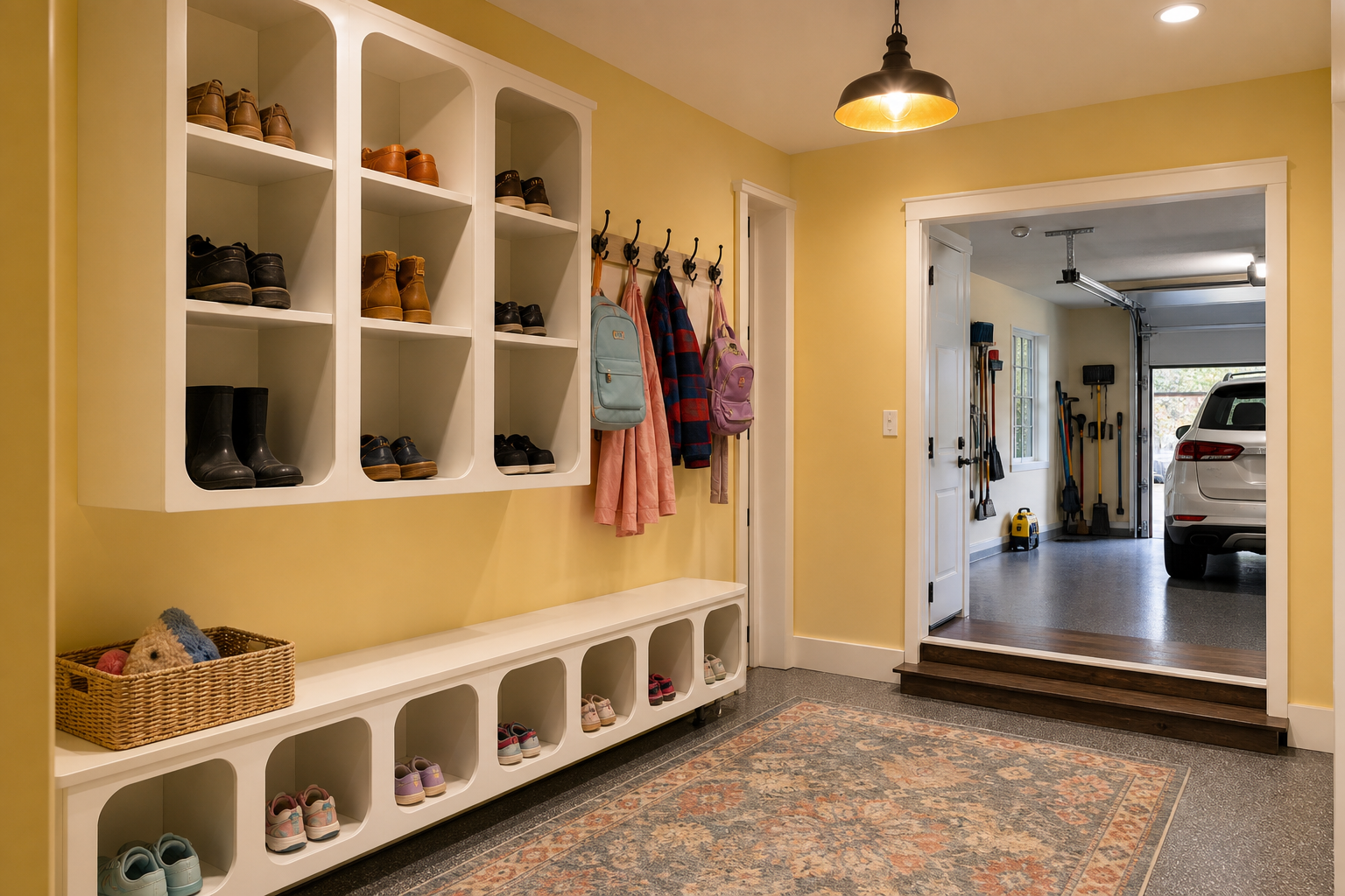 Child-height cubby bench with adult wall-mounted shoe rack above in a family garage entry