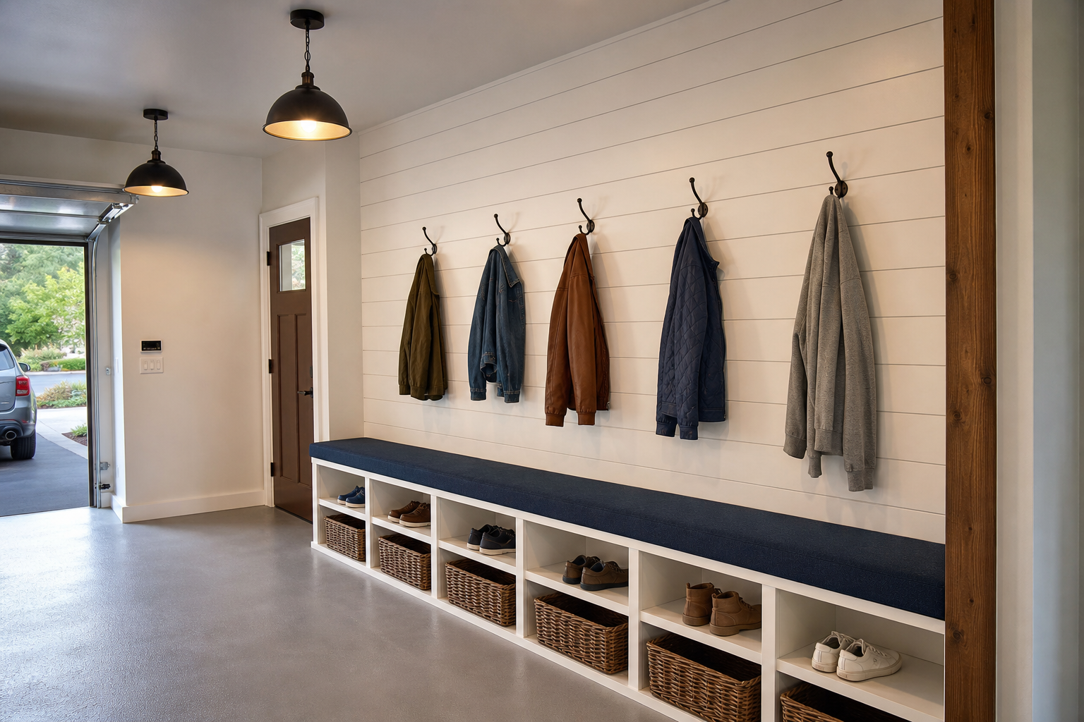 Full-wall shiplap family garage mudroom with navy bench, individual cubbies, and iron hooks