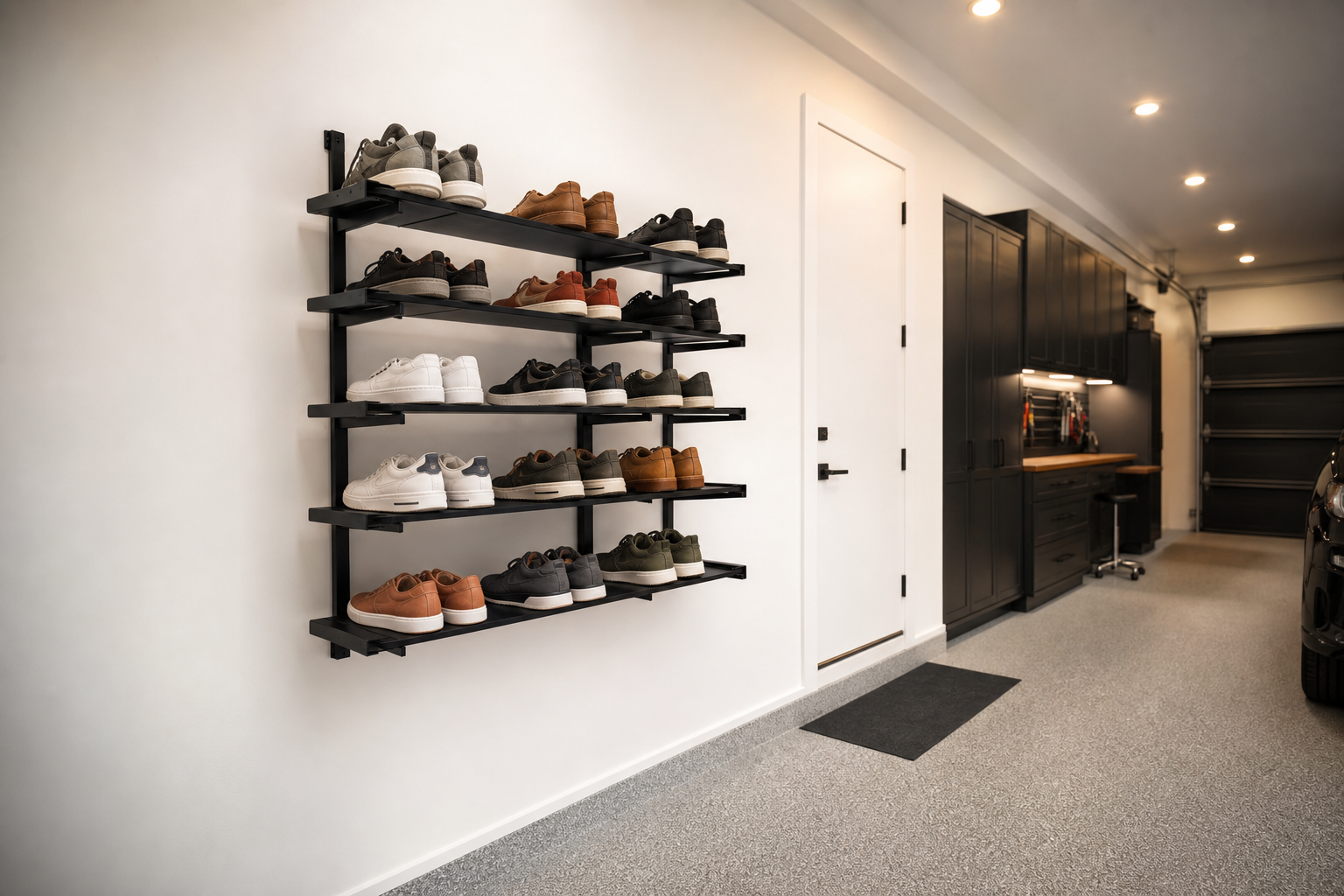 Black powder-coated wall-mounted tiered shoe rack in a clean white garage entry