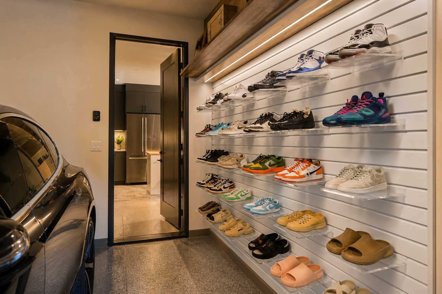 White slatwall panel system with clear acrylic shoe shelves in a bright garage entry