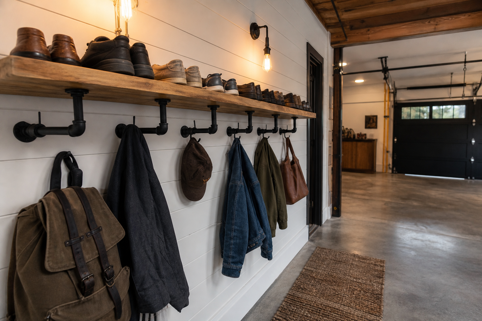 Natural wood floating shoe shelf on black pipe brackets in a rustic garage mudroom entry