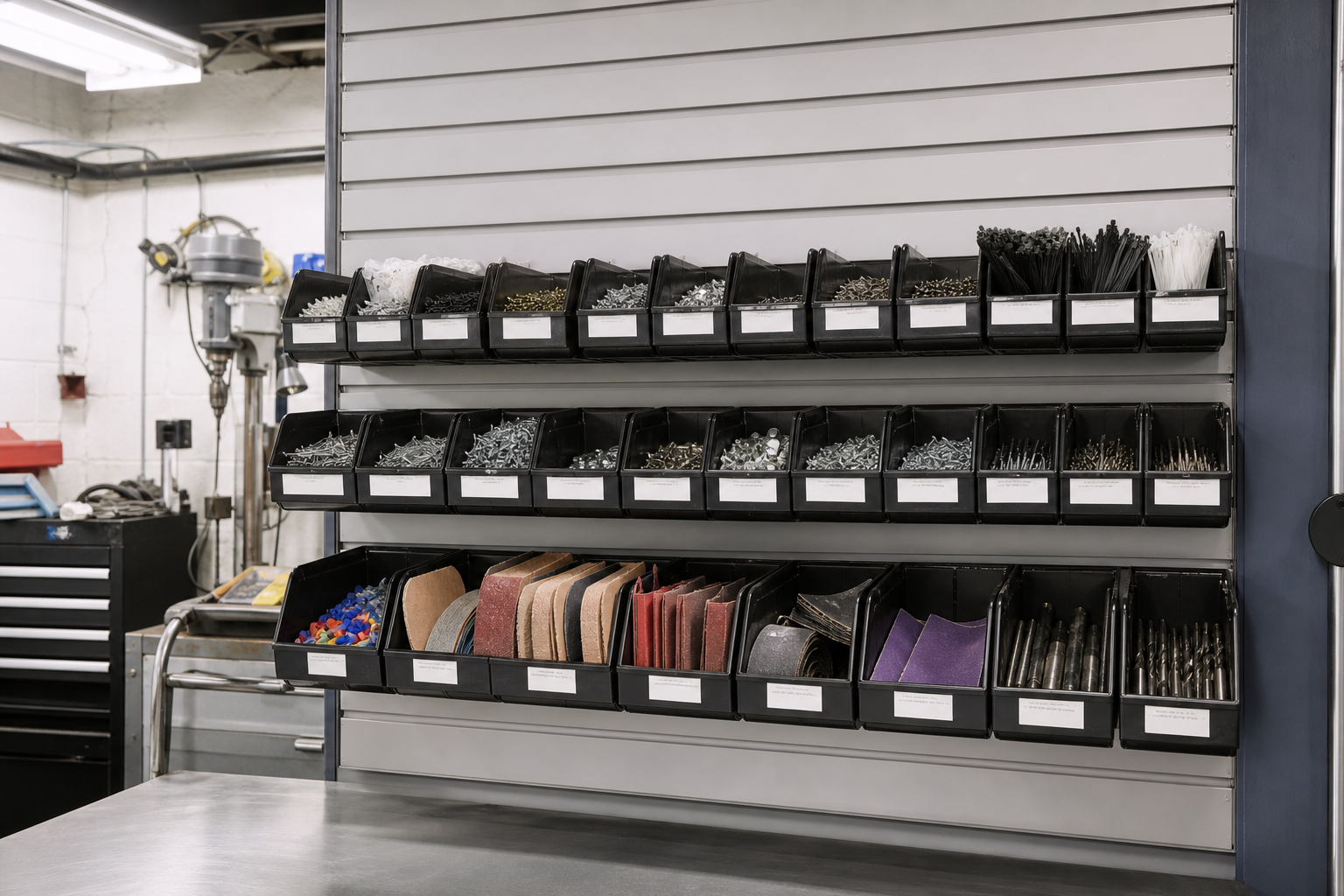 Gray slatwall with rows of black labeled plastic bins holding screws nails zip ties and small hardware