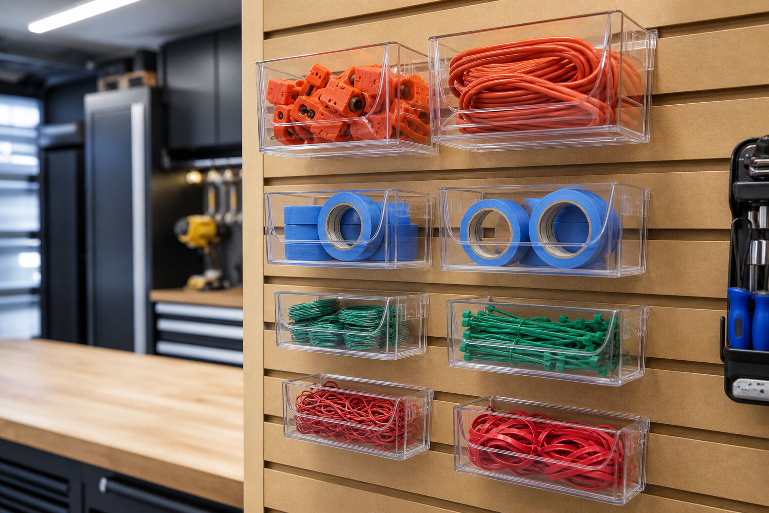 Tan slatwall with clear acrylic bins showing colorful contents including tape rolls and extension cords