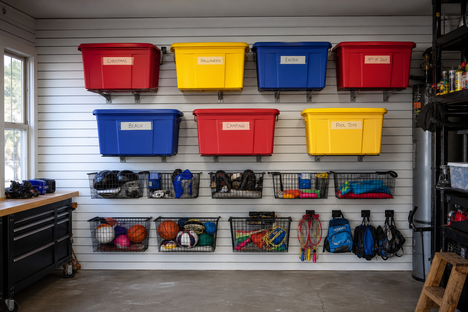 White slatwall with colorful bins at multiple heights holding sports gear and seasonal items for families