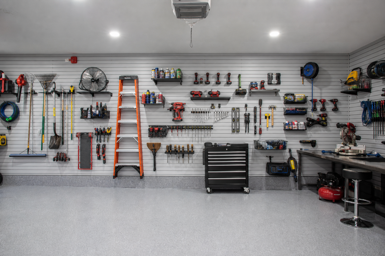 Full garage wall covered in light gray slatwall panels with hooks shelves and wire baskets