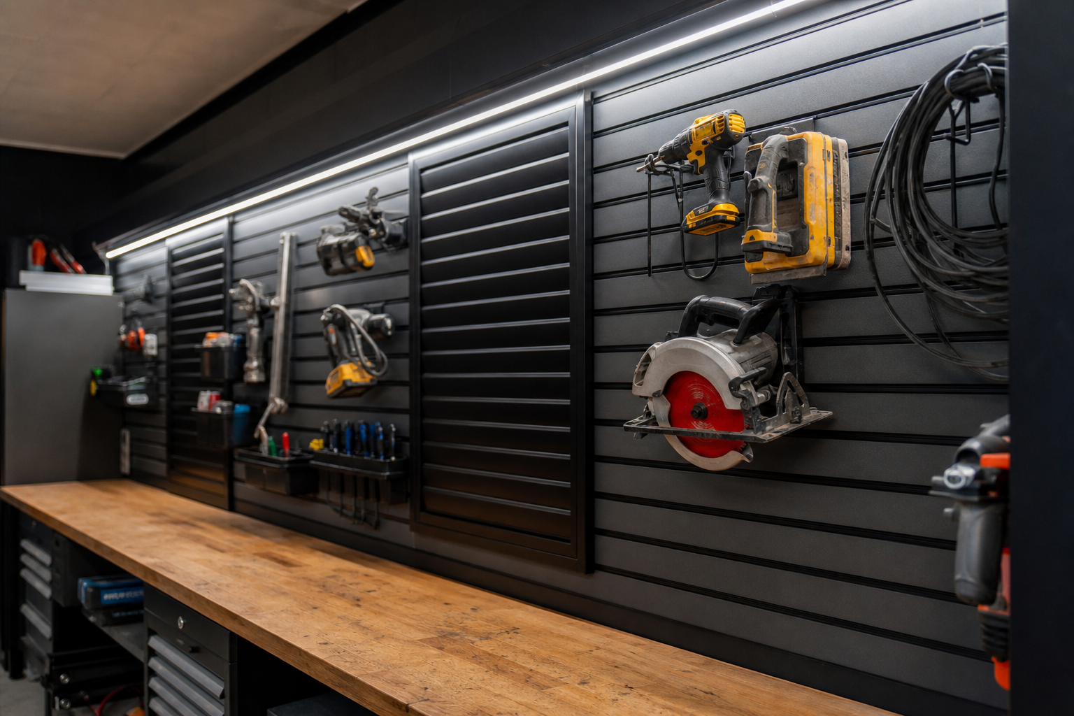 Charcoal gray slatwall with black aluminum inserts holding power tools above a workbench