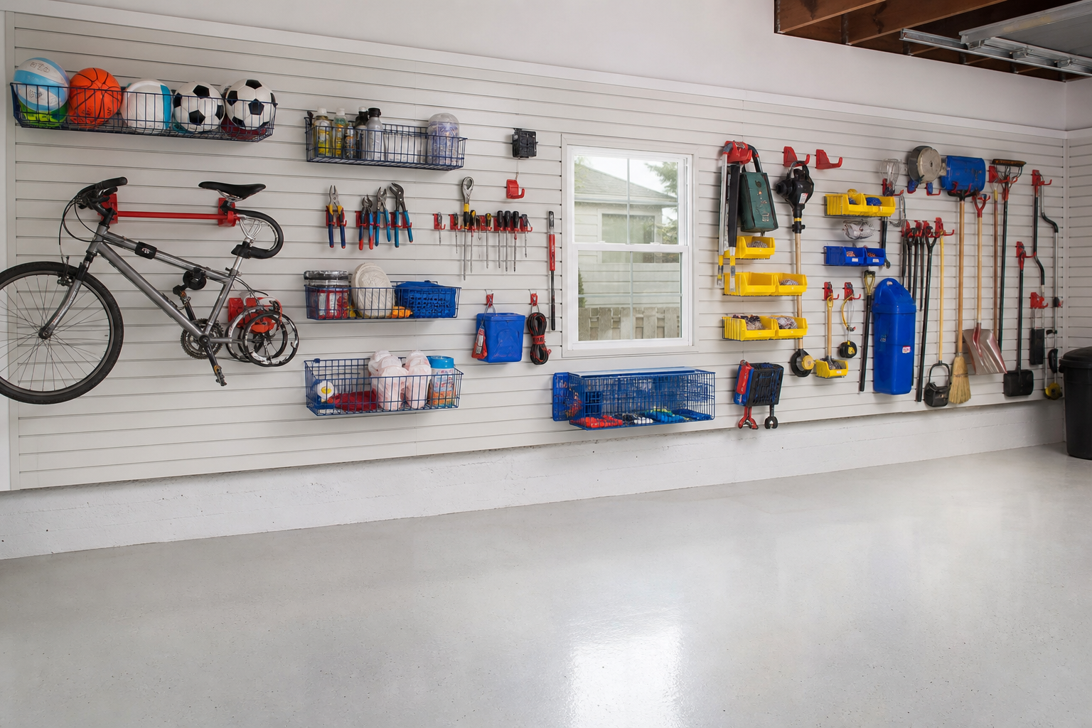 White slatwall covering a two-car garage wall with colorful bins hooks and sports equipment