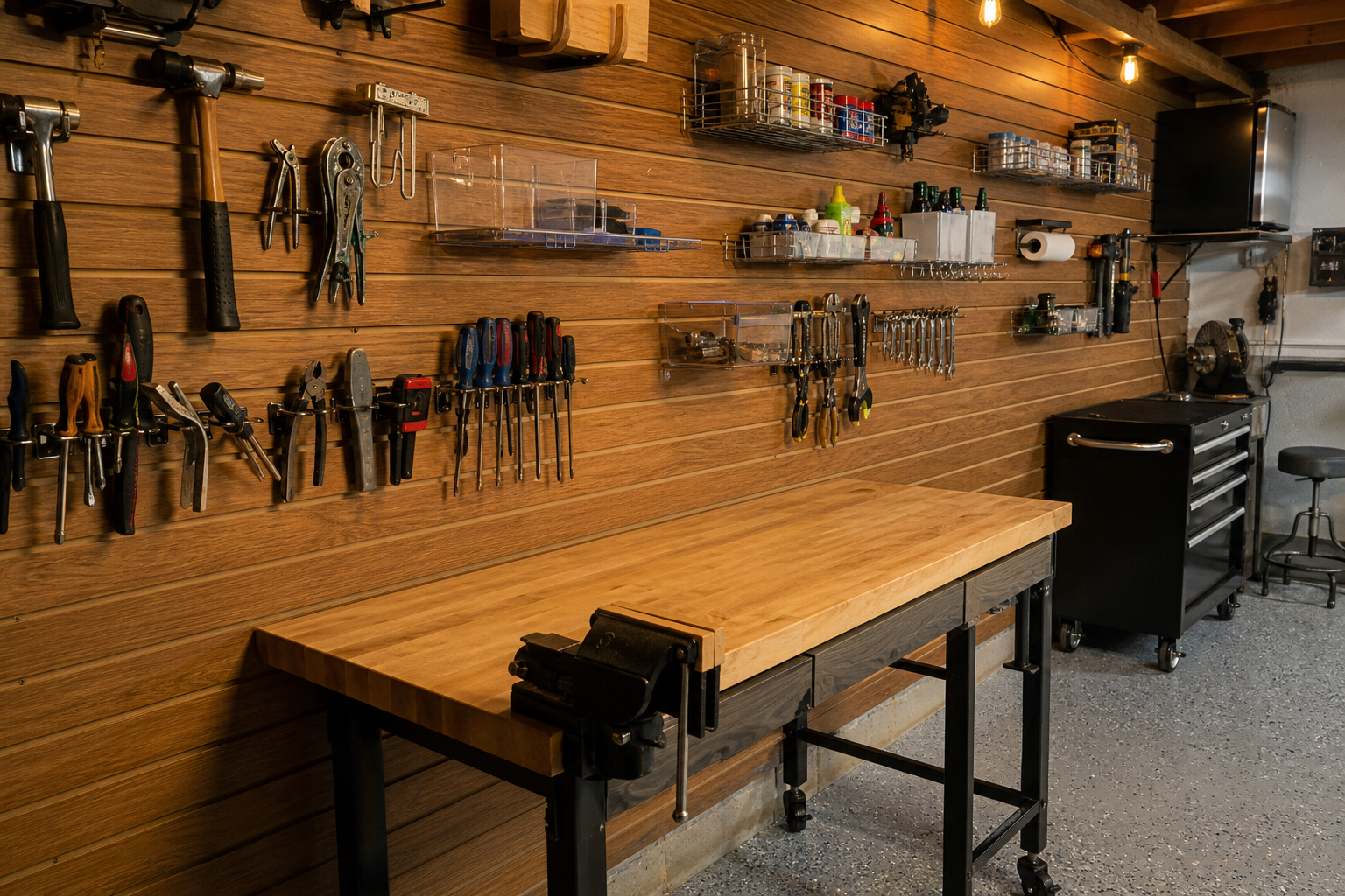 Wood-look oak finish slatwall covering full garage back wall with chrome accessories and workbench