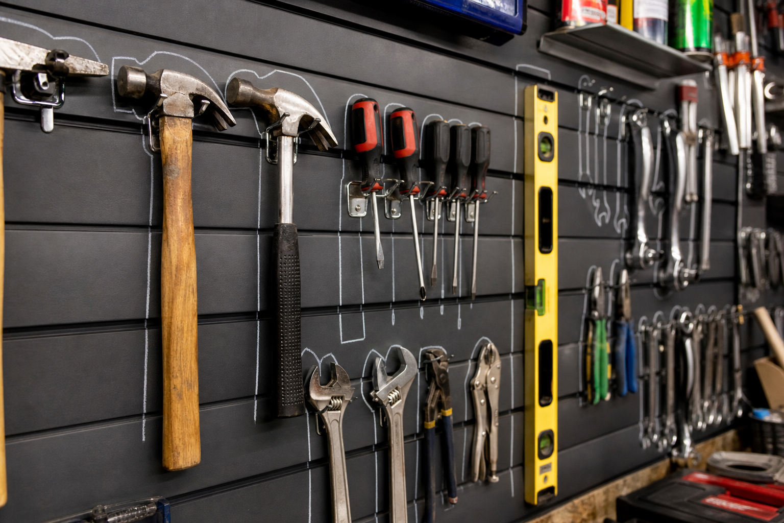 Dark gray slatwall with painted tool outlines and metal hooks holding hand tools neatly