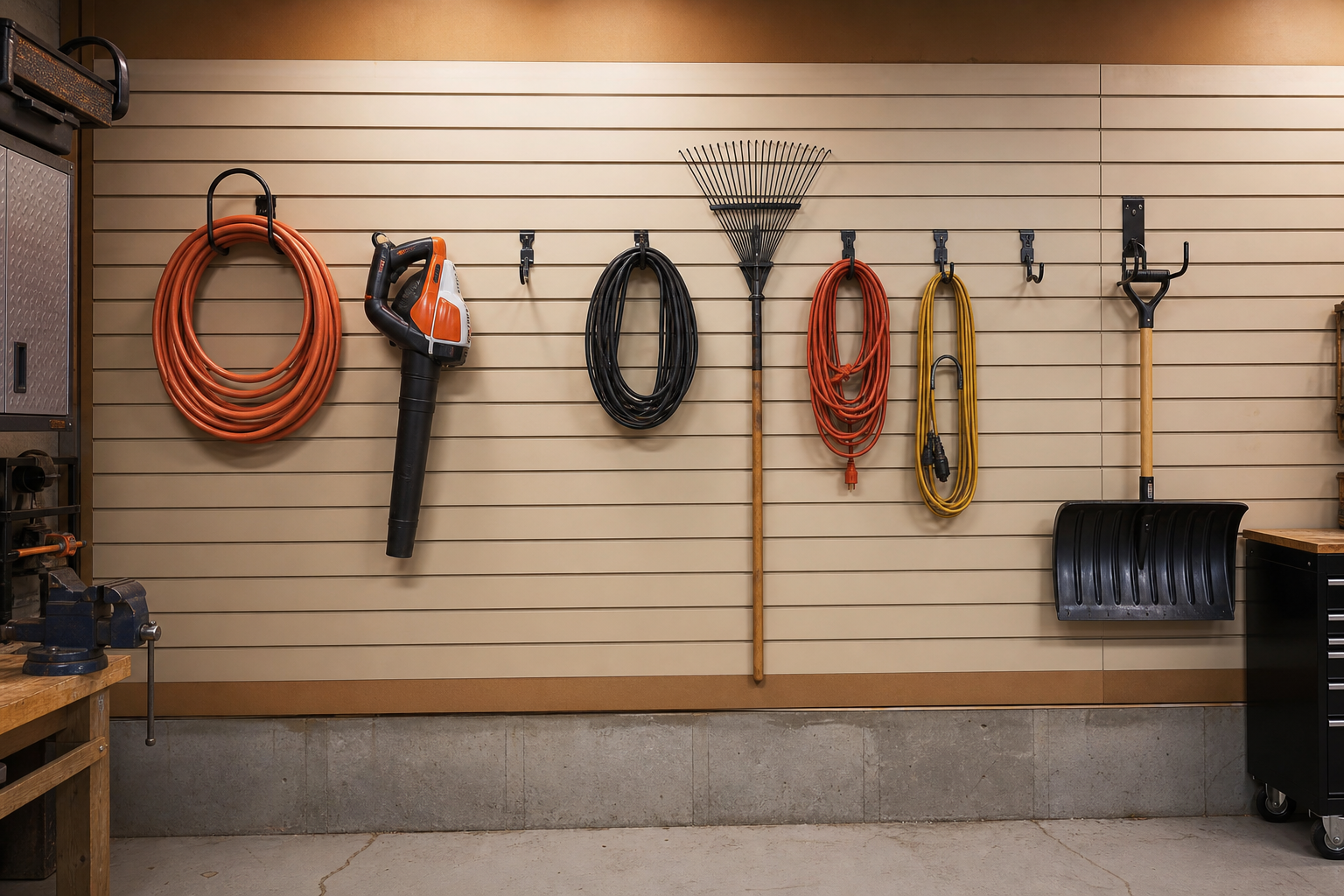 Beige slatwall with large hooks holding garden hose leaf blower and coiled extension cords