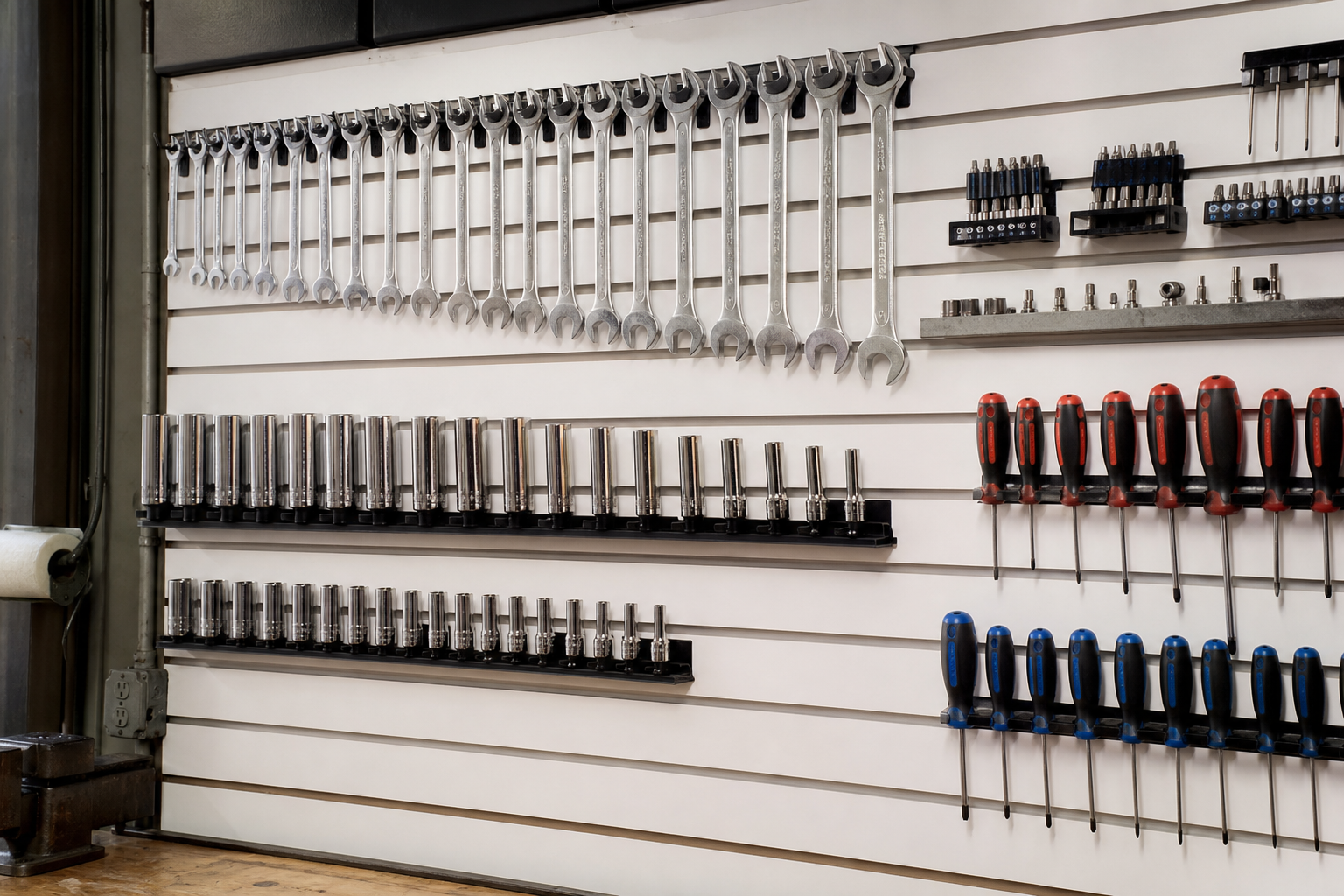 White slatwall with socket rail holder wrenches and screwdrivers arranged by size on slanted hooks