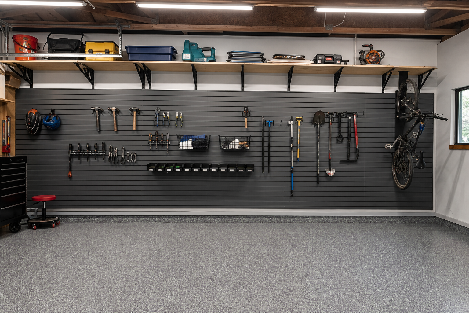 Dark gray slatwall with full-width shelf hooks bins wire baskets and a bicycle on the far right