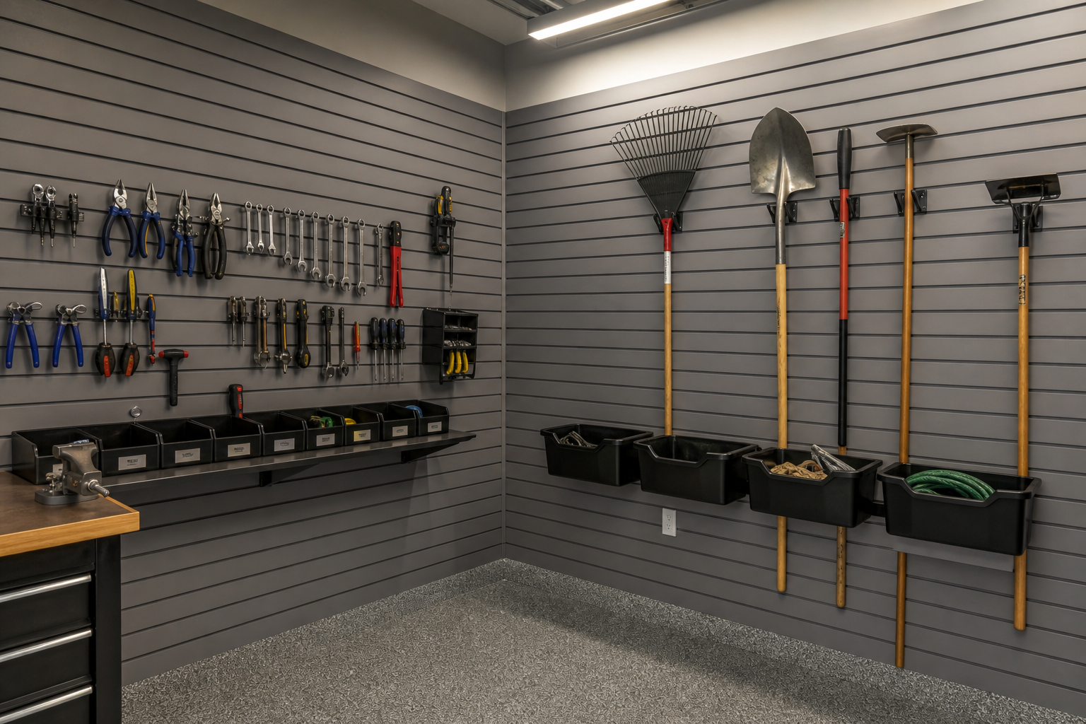 Two slatwall walls meeting at corner with hand tools on one side and garden tools and bins on the other