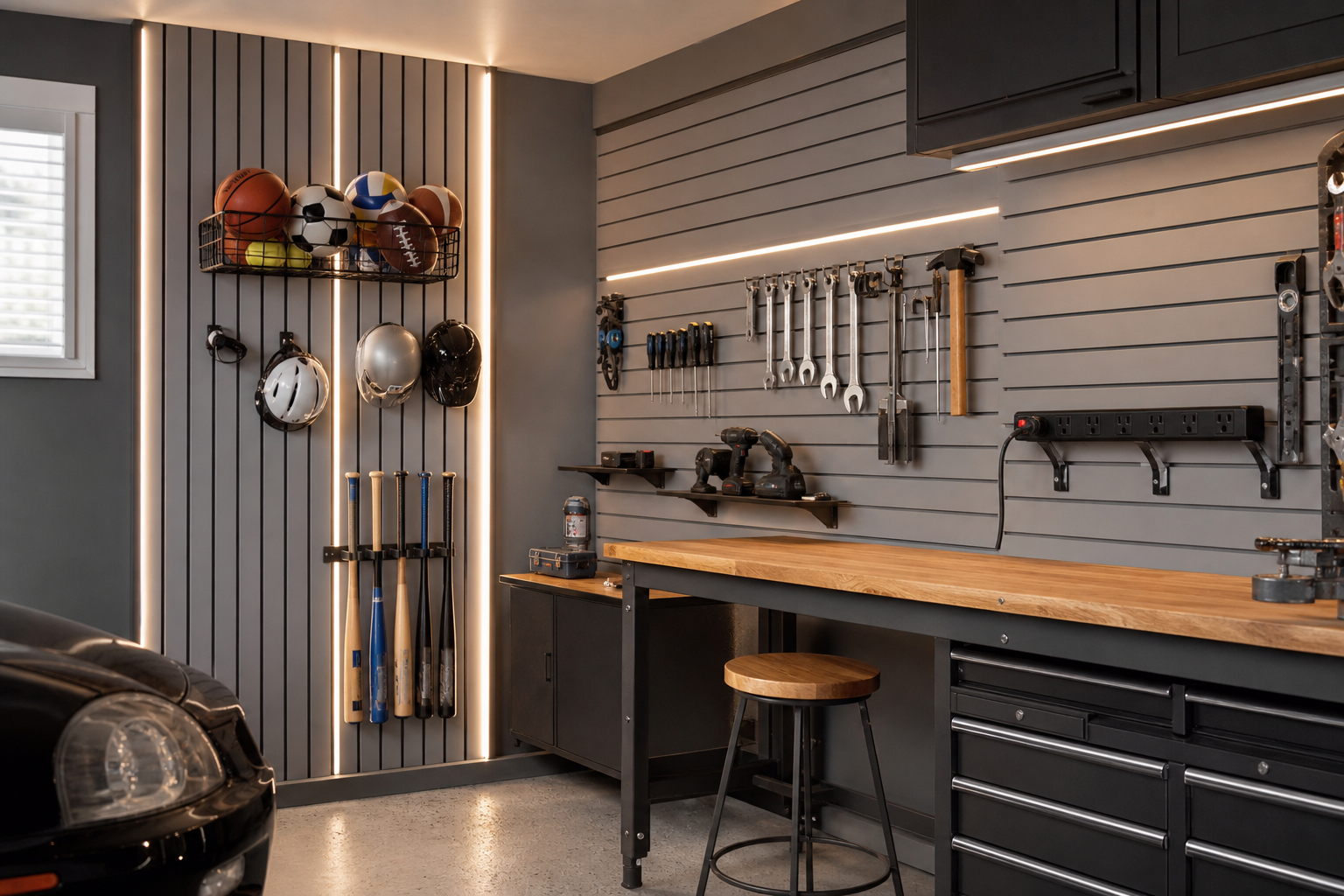 Gray slatwall with sports equipment zone on left and workshop tool zone on right with LED accent lighting