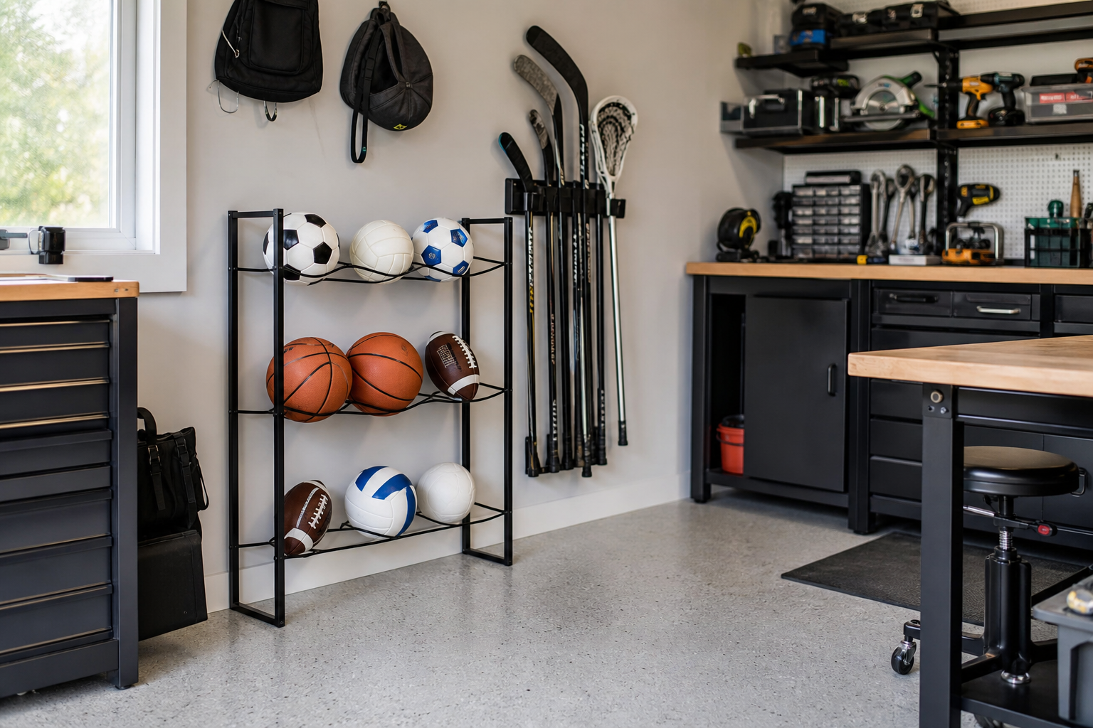 Freestanding black metal ball rack with soccer basketballs and hockey sticks in garage corner