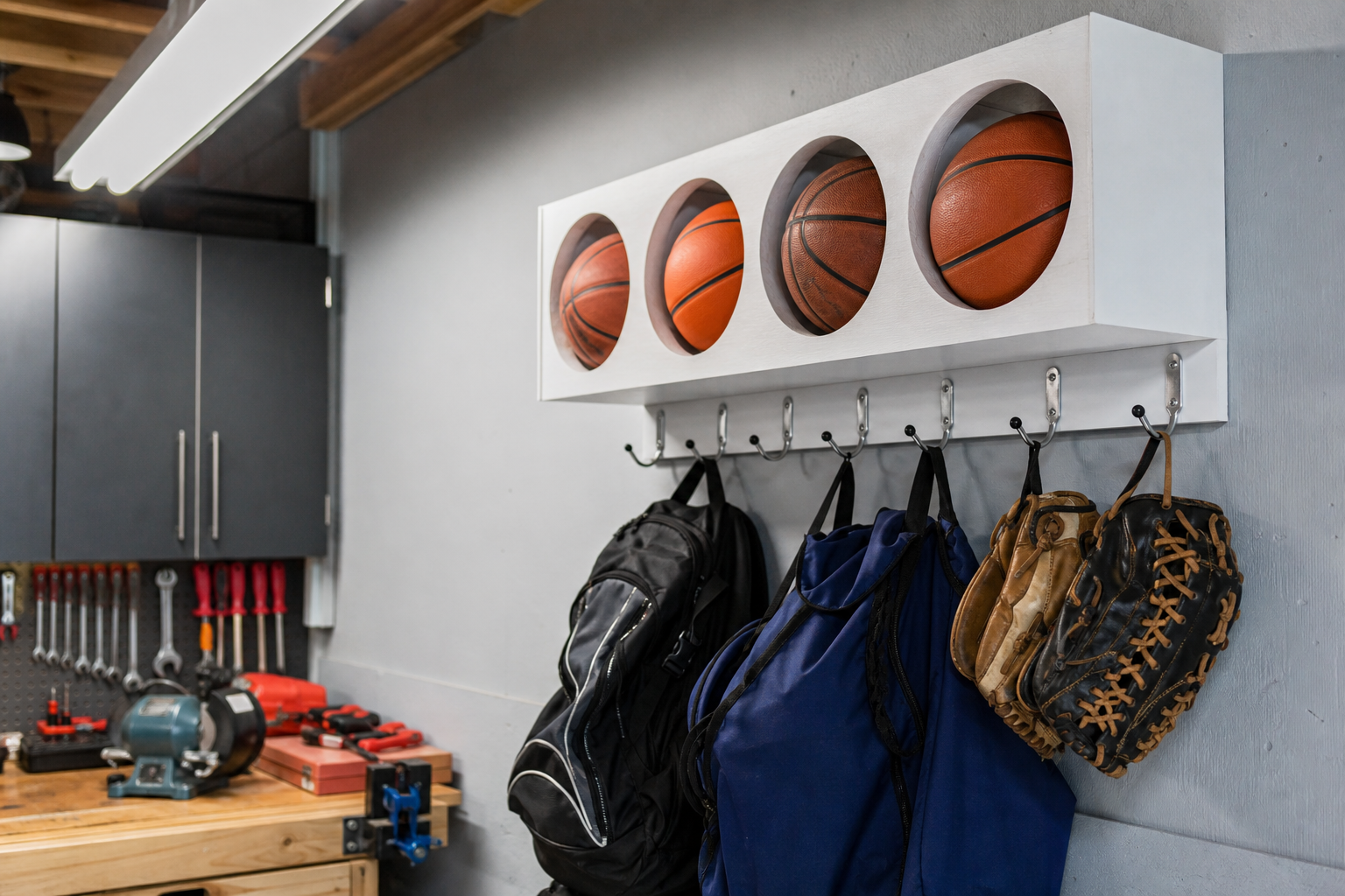 White painted DIY wood ball rack with round cutouts holding basketballs on garage wall