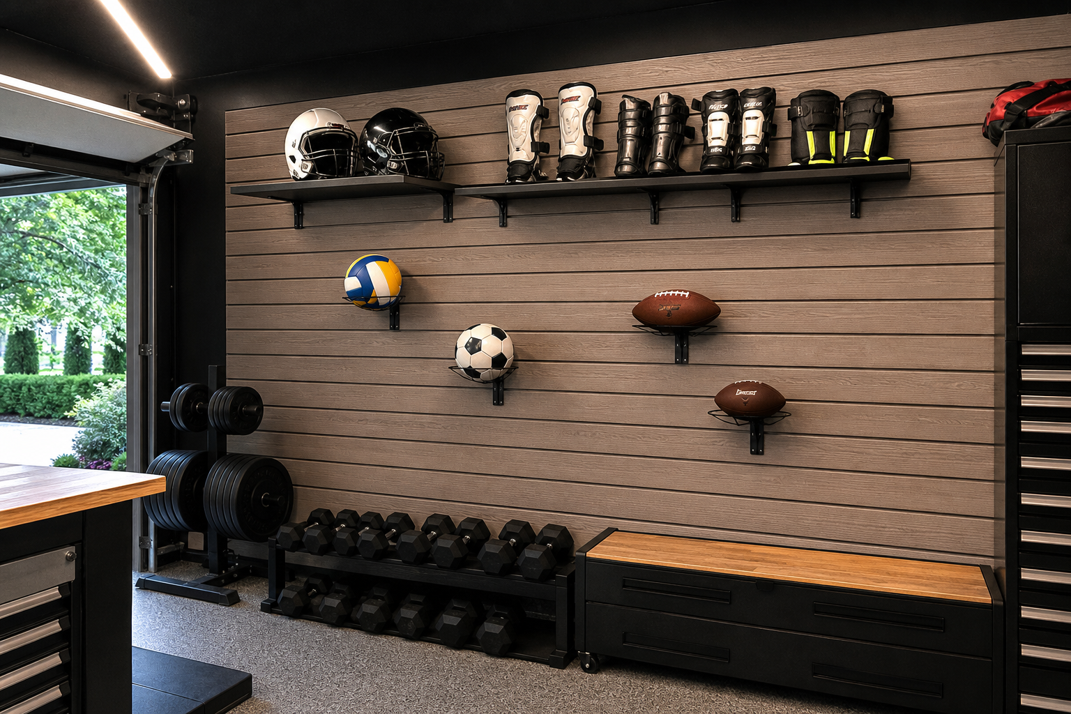 Wood-grain slatwall panel with ball cradles and helmet shelf in organized garage sports zone