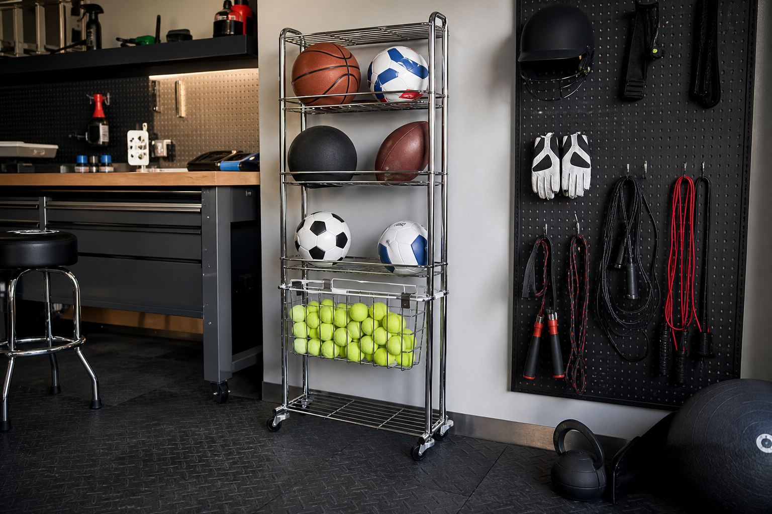 Chrome wire ball rack with mixed sports balls next to pegboard holding batting gear in garage