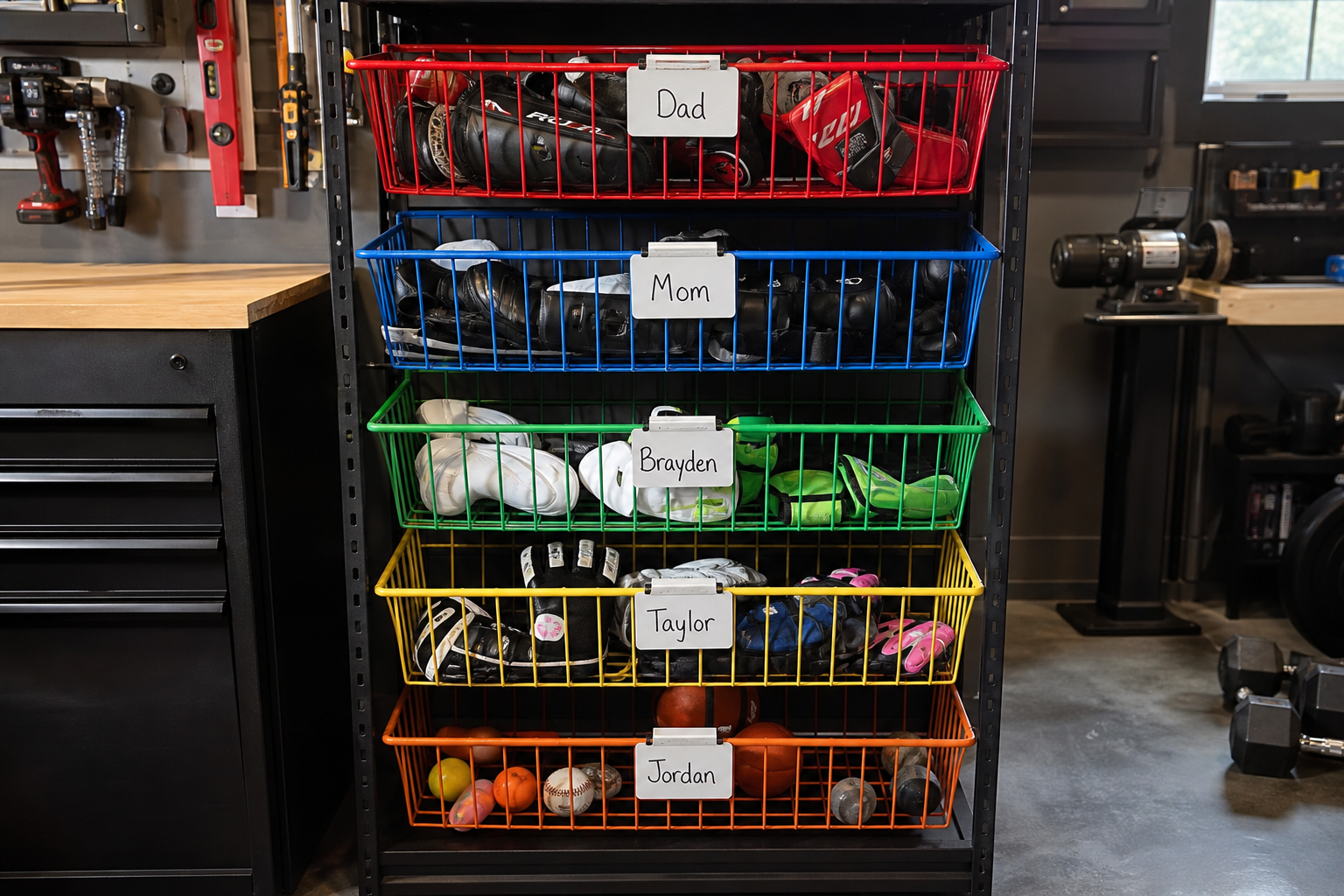 Colorful labeled wire baskets on black metal shelving unit holding shin guards and sports accessories