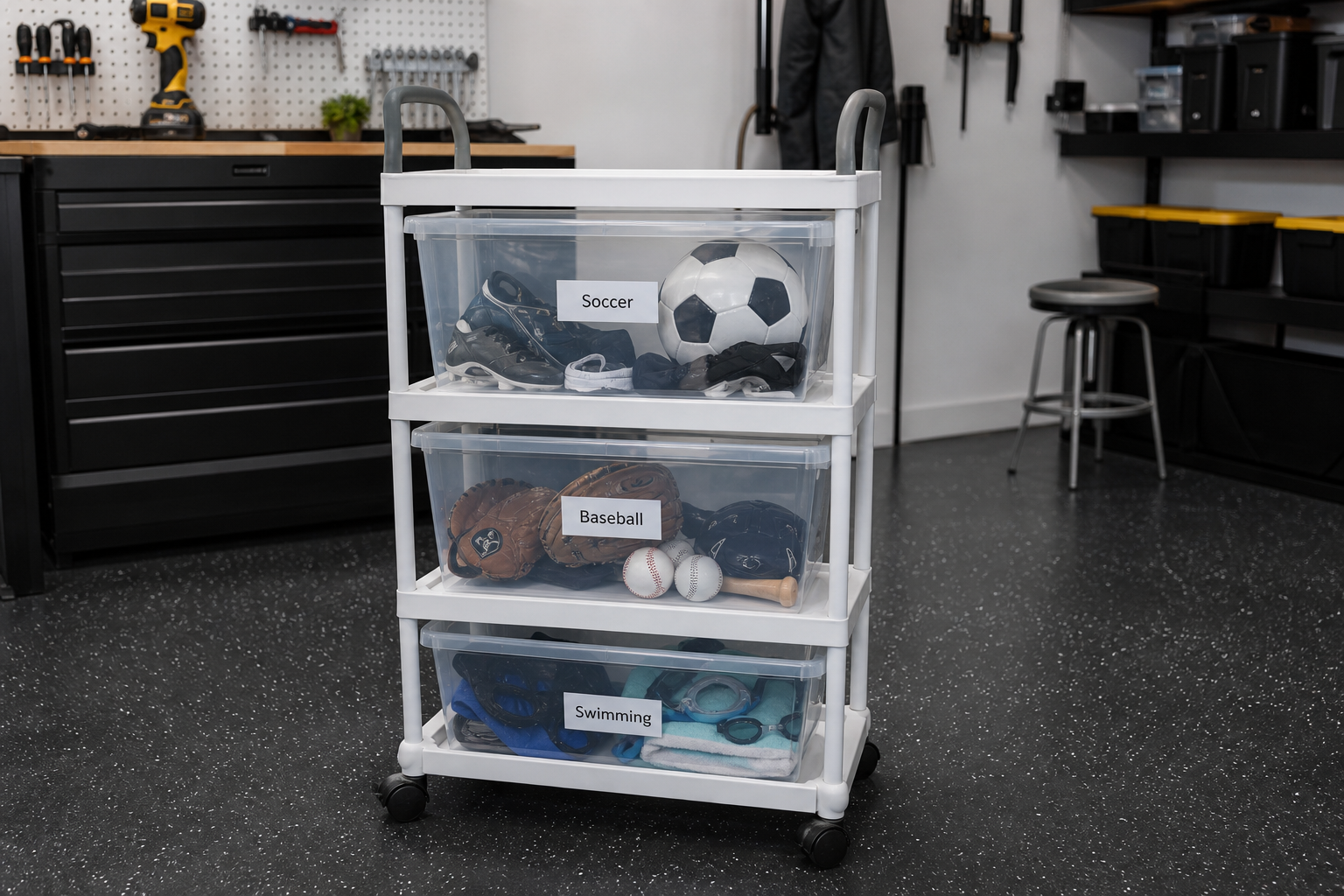 White rolling utility cart with three labeled clear plastic bins holding soccer baseball and swimming gear