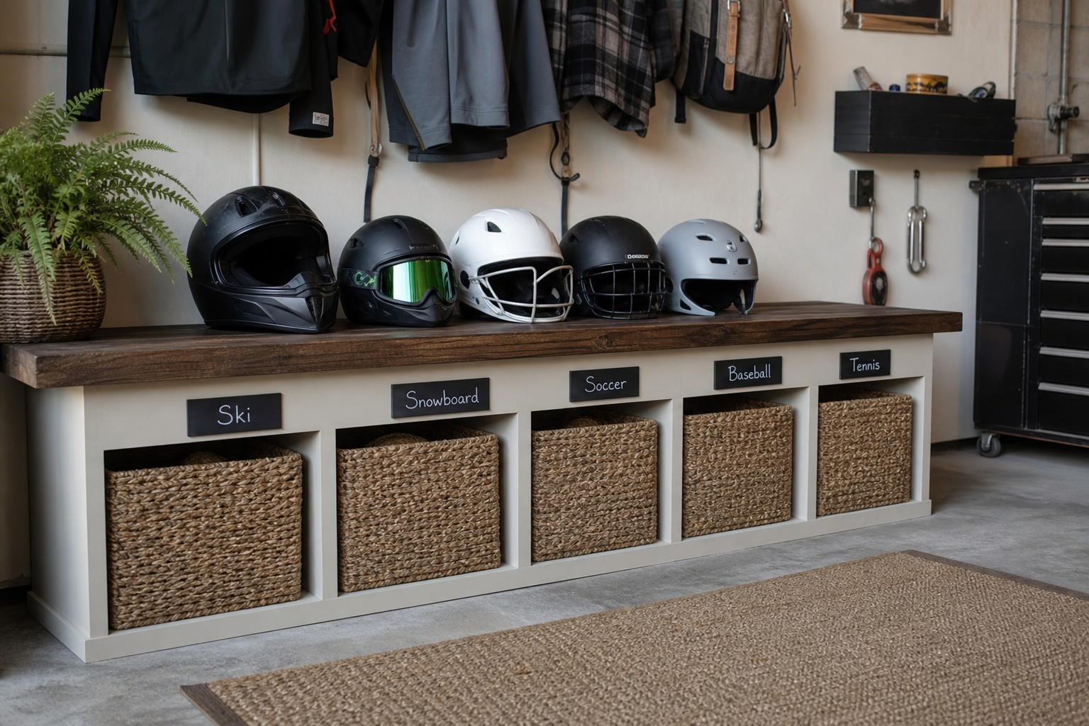 Wooden garage cubby bench with woven seagrass baskets labeled by sport beneath bench seat