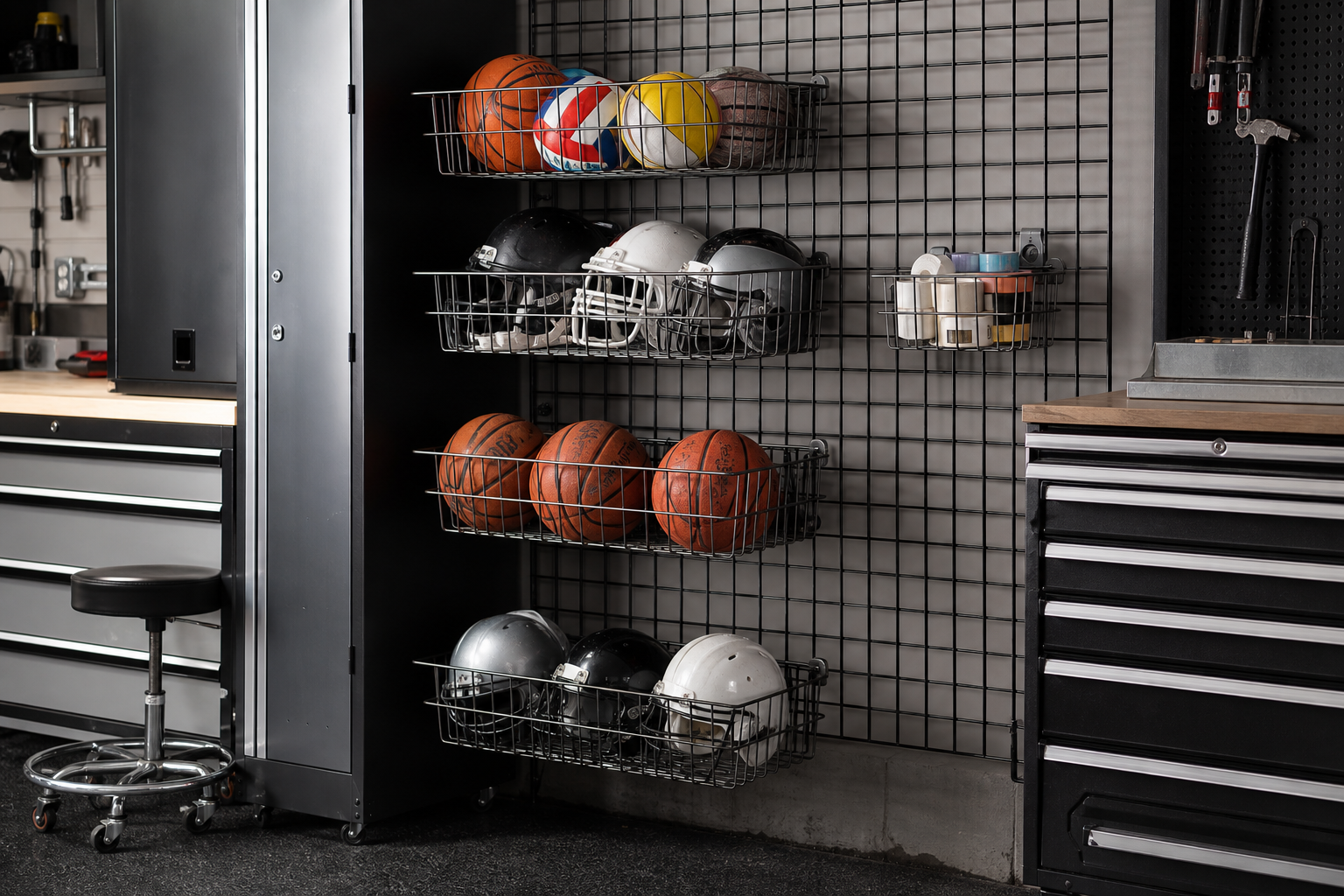 Galvanized wire baskets mounted on black grid panel holding sports balls helmets and athletic accessories