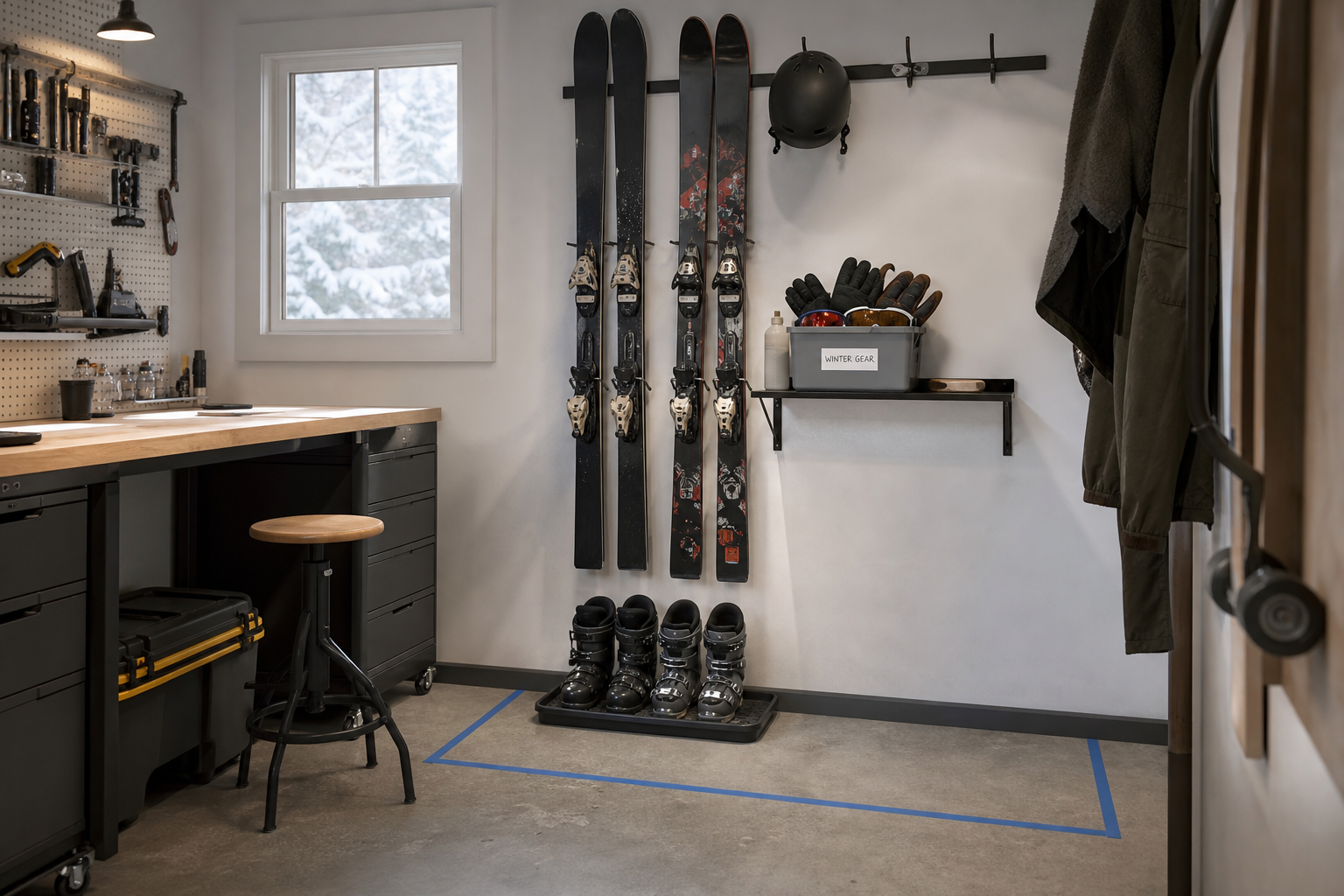 Garage winter sports zone with ski wall rack boot tray helmet hook and labeled accessories bin