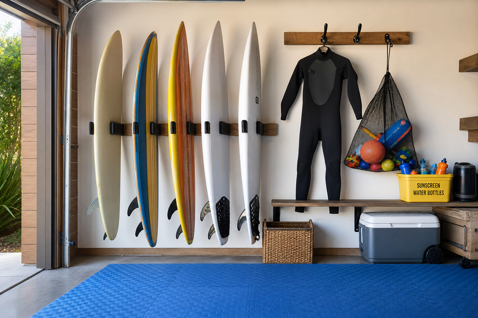 Garage summer zone with vertical surfboard wall mounts wetsuit hook pool toys and sun supplies bin