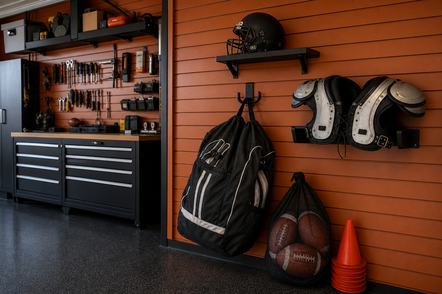 Garage fall sports zone with football helmet equipment bag shoulder pads and mesh ball bag on orange wall